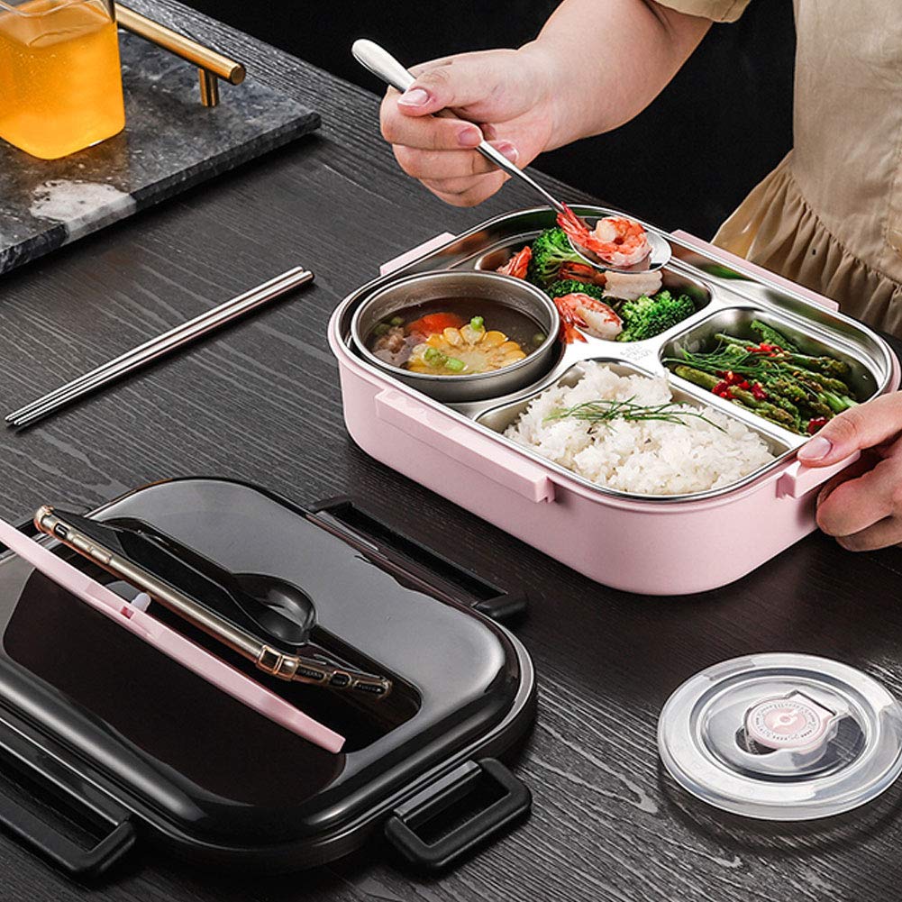 Stainless Steel Bento Lunch Box 1200ml - Leakproof Compartment Food Container with Utensil, Portable for School, Office & Picnic (Pink)