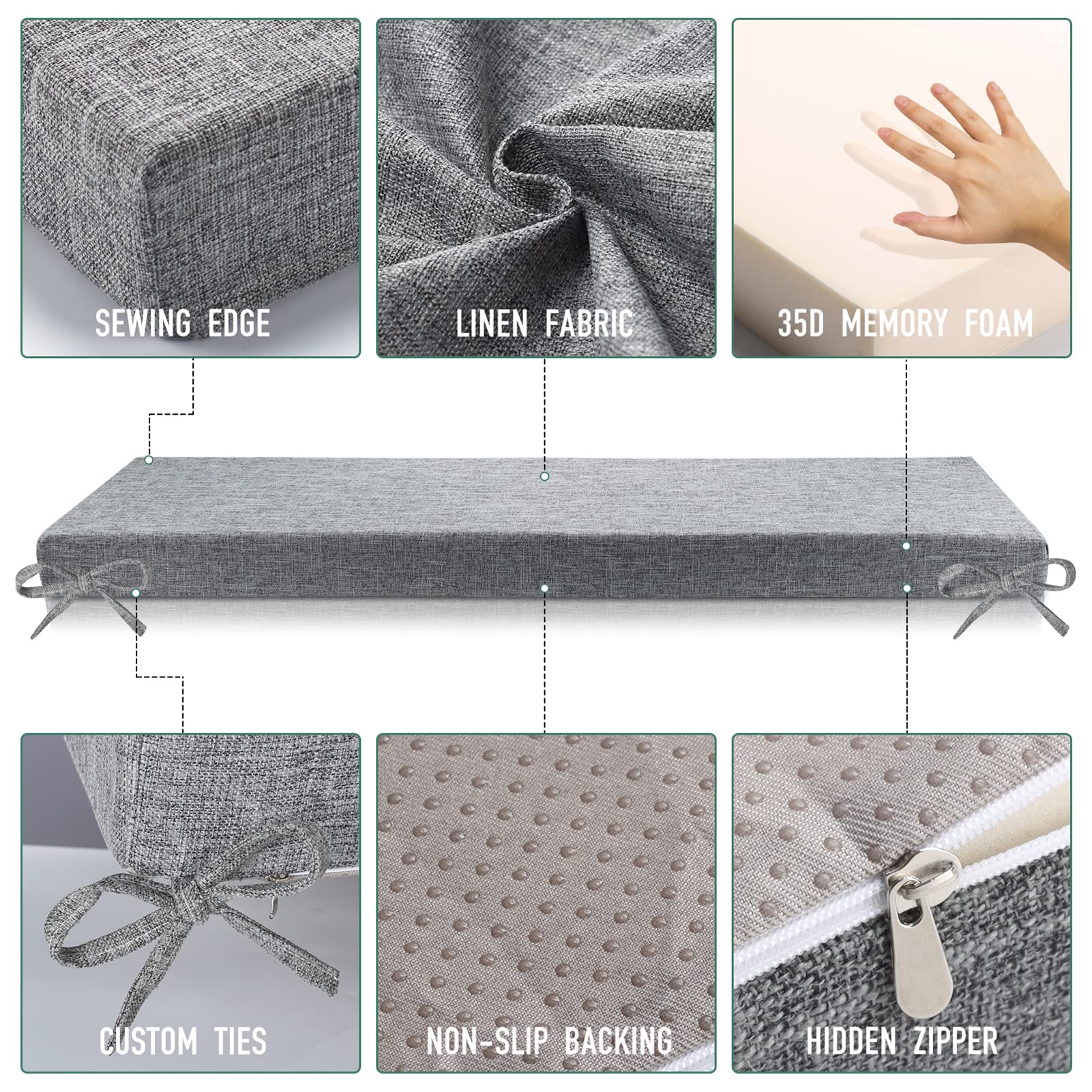 Custom Size Bench Cushion - Thick Upholstery Foam Bay Window Seat Cushion for Indoor/Outdoor Sofa & Patio Furniture - Gray (Perfect for Reading Nooks, Sunrooms & Cozy Window Seats)