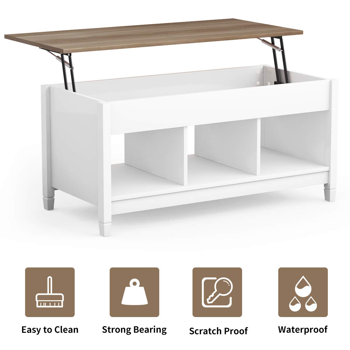 KOTEK Lift Top Coffee Table with Hidden Storage Compartment & Open Shelves - Modern Living Room Lift-Top Table for Small Spaces, Sofa Side Table with Storage - Perfect for Apartments, Studios & Reception Areas (White)