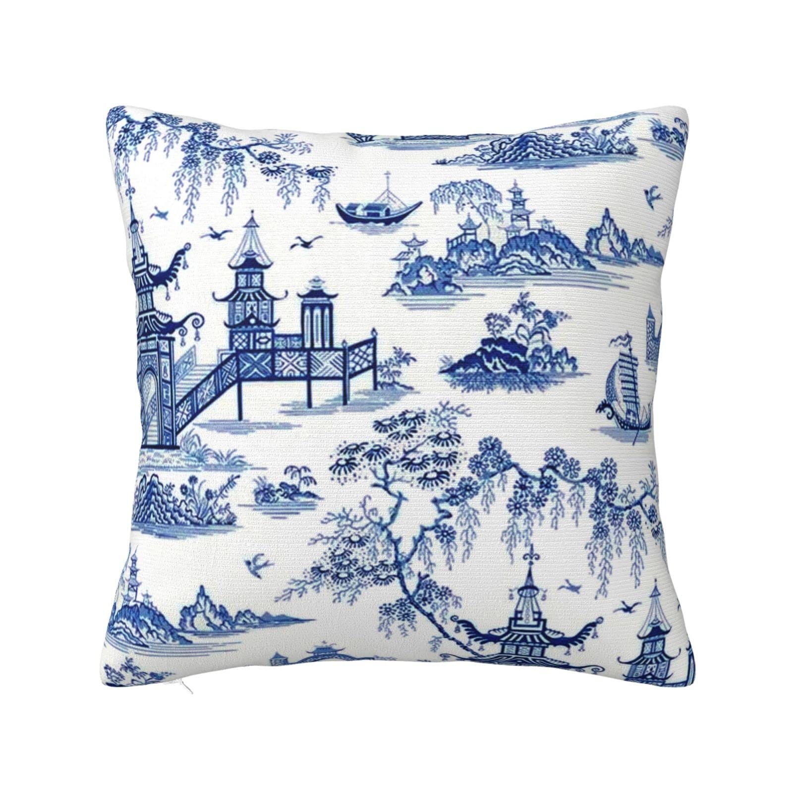 Chinoiserie Blue Landscape Linen Pillow Covers 16x16 Inch - Decorative Throw Pillow Cases for Sofa, Bedroom, Living Room & Outdoor Home Decor - Perfect for Farmhouse, Boho & Coastal Style Interiors
