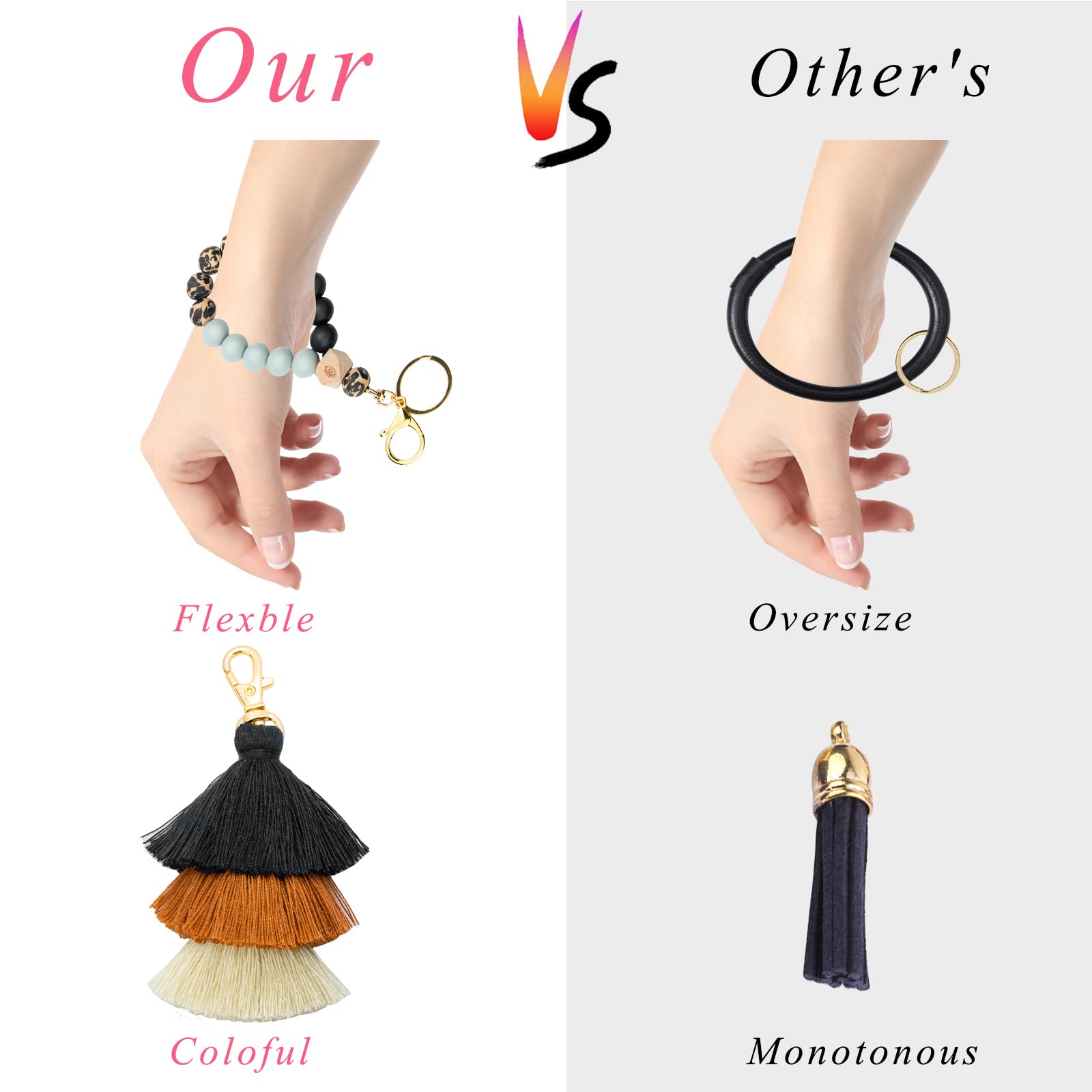 Beaded Keychain with Tassel - Silicone Key Ring Bracelet for Women | Cute Boho Car Key Chain Wristlet | Perfect for Key Organization, Handbag Accessory & Gift Giving
