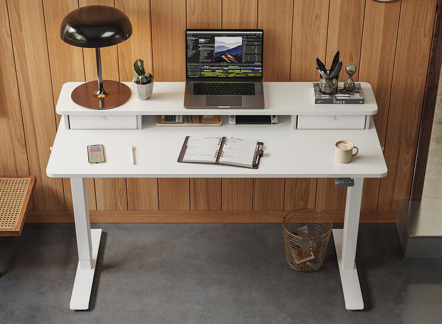 FEZIBO 60 x 24 Inch Electric Height Adjustable Standing Desk with Double Drawers & Storage Shelf - White Frame & White Top - Perfect for Home Office, Gaming & Workspace Ergonomics