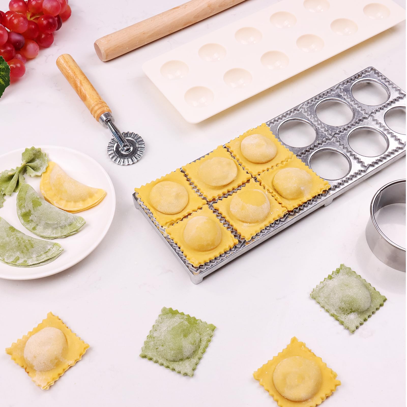 8-Piece Ravioli Maker Press Kit with Rolling Pin & Pasta Cutter Wheel - Empanada, Dumpling, Pierogi Mold - Perfect for Homemade Pasta, Hand Pies & Italian Cooking