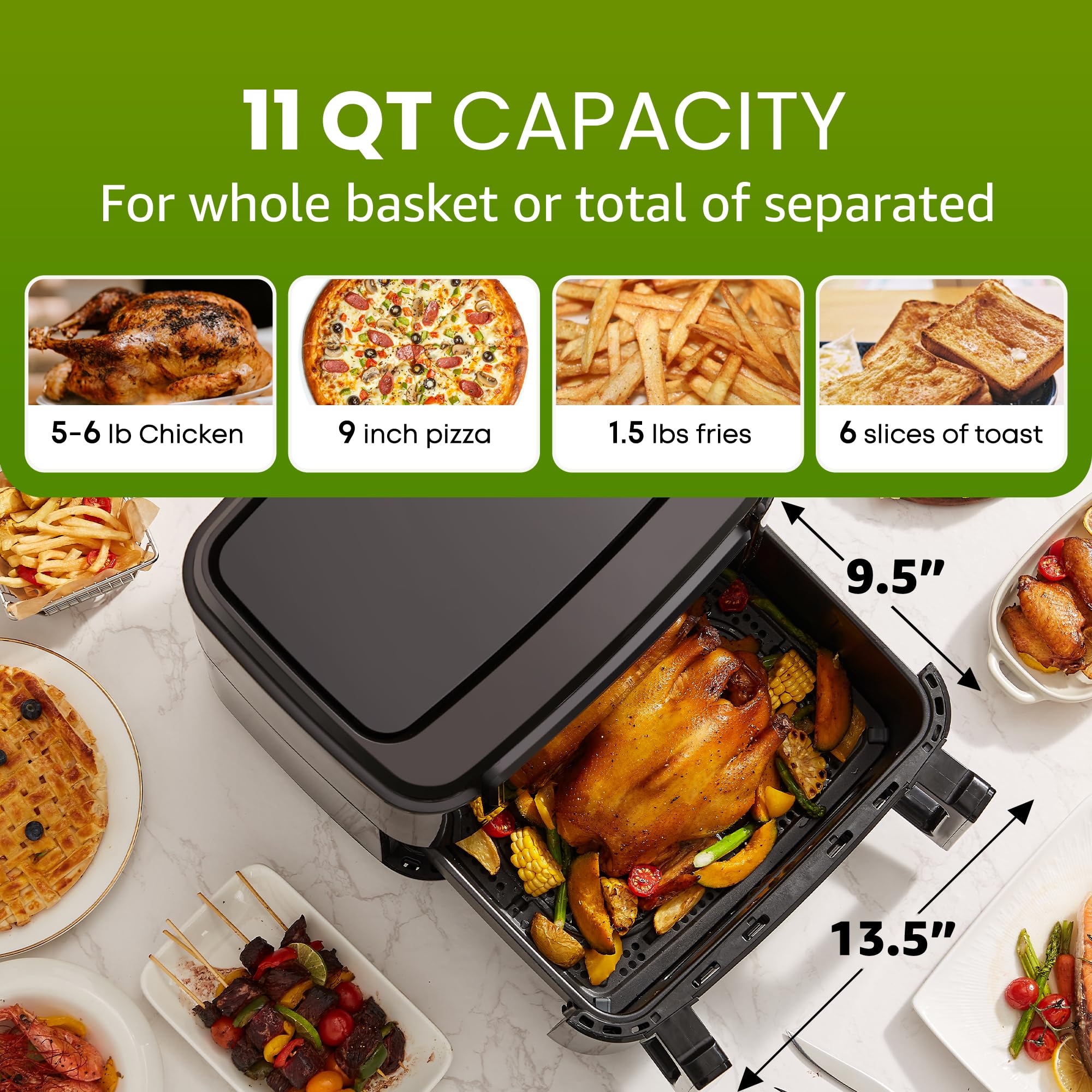Elite Gourmet EAF1055D 11QT Dual Zone Air Fryer Oven - 2 Independent Cook Zones, Dishwasher Safe Basket, 10 Preset Functions, 1600W - Perfect for Family Meals, Healthy Cooking & Quick Snacks - Includes Recipe Booklet (Black)