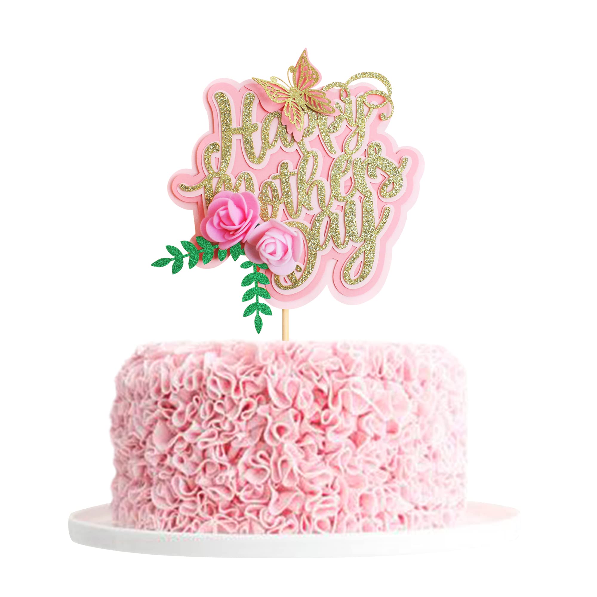 Gold Glitter Happy Mother's Day Cake Topper - Elegant Mom Letter Cake Decoration with Butterfly & Flower Design for Birthday Party, Wedding, Baby Shower & Special Celebrations