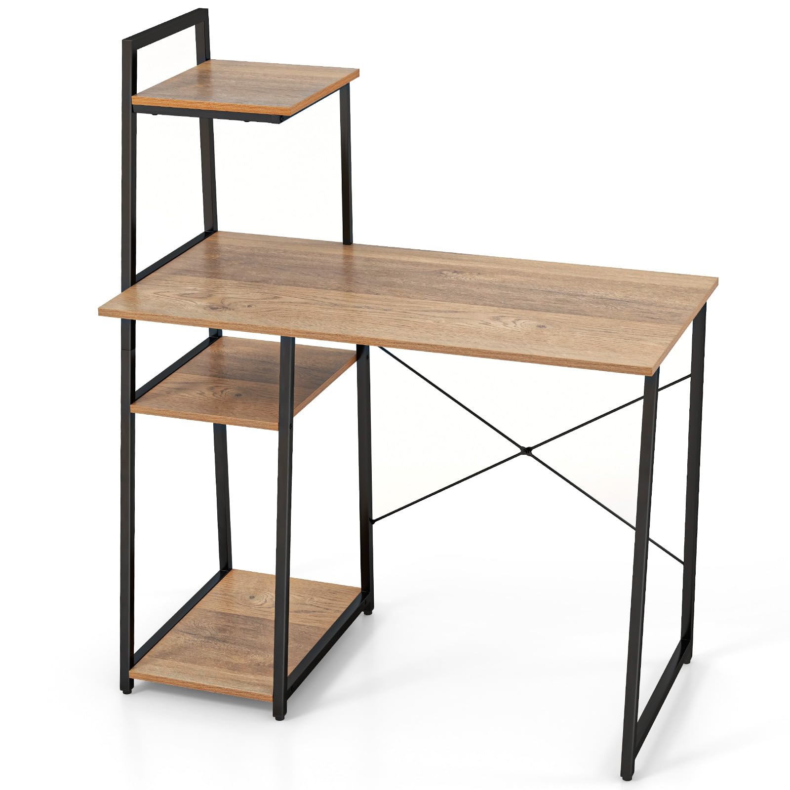 Tangkula Space Saving Computer Desk with 3-Tier Ladder Shelf - Modern Home Office Desk with Metal Frame, Compact Writing Study Table & Storage Bookshelf for Small Spaces (Natural) - Perfect for Home Office, Dorm Room, and Small Apartment Workspaces