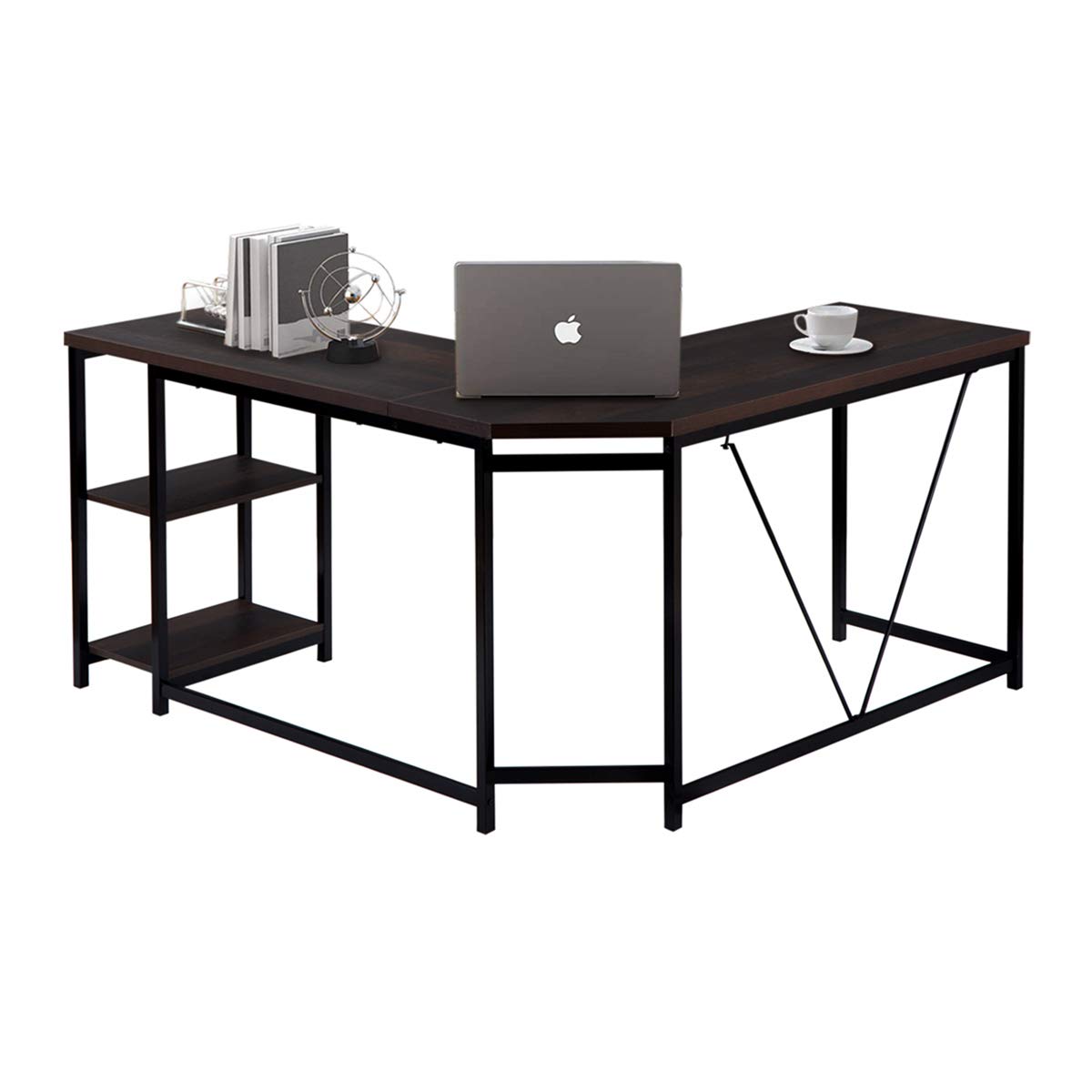 L-Shaped Office Desk with 2-Tier Storage Shelves - Walnut Computer Workstation for Home Office | Perfect for Small Spaces & Remote Work