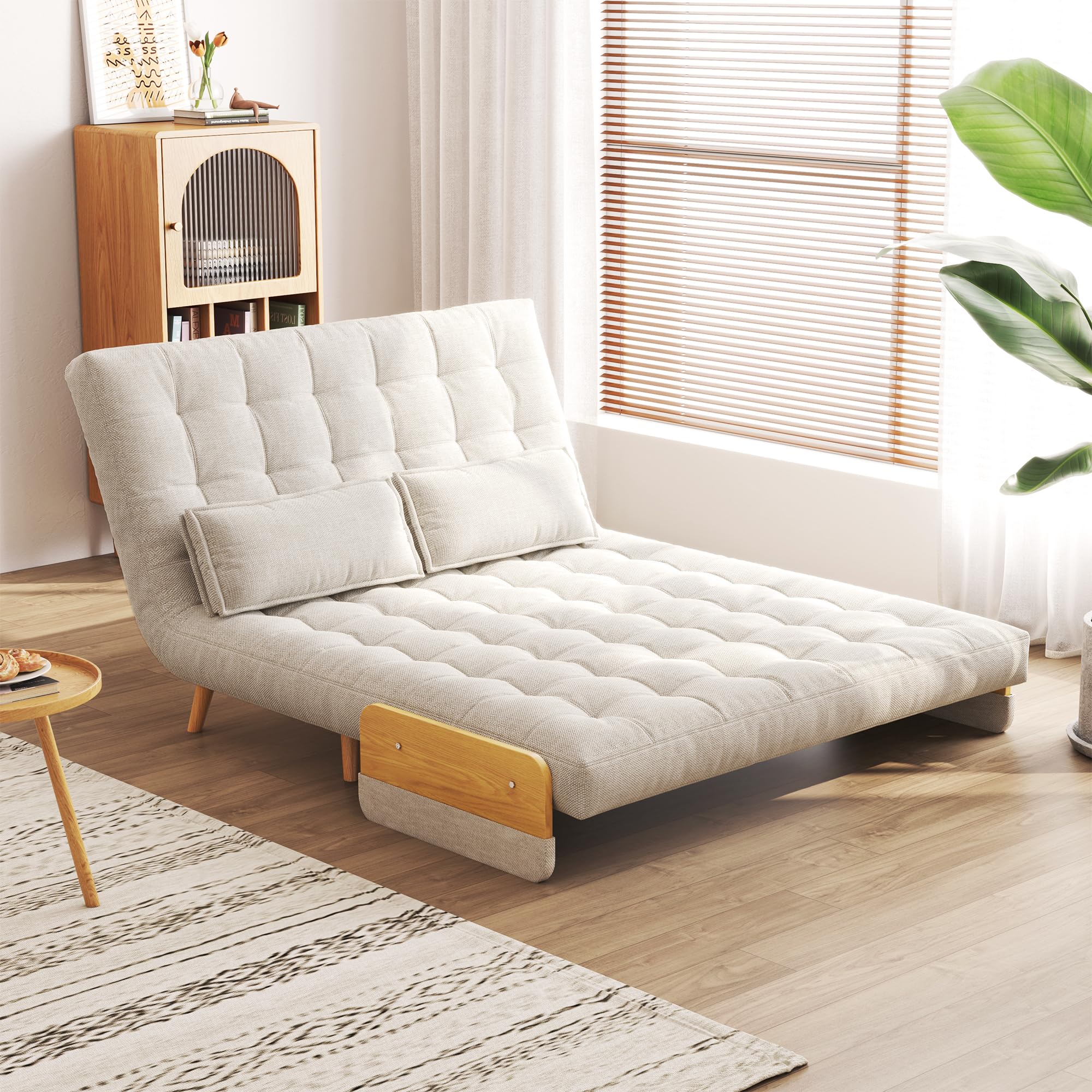 3-in-1 Convertible Sleeper Chair Bed Futon Sofa - Foldable Lazy Sofa with Wood Armrests & Pillows - Linen Chaise Lounge for Small Spaces & Apartments - Mid-Century Modern Design (76.6