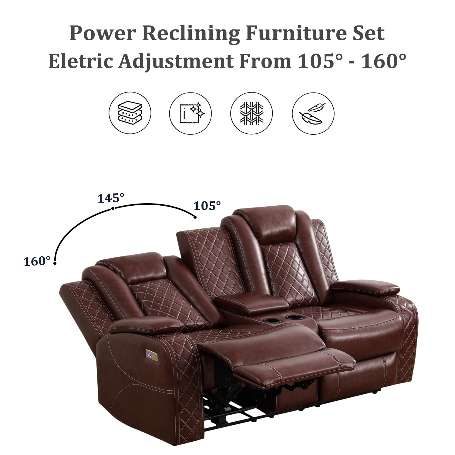 Power Reclining Sofa Set with USB Ports - Genuine Leather Recliner Couches for Living Room, Apartment, Office & Home Theater - Burgundy 3-Piece Set (Sofa + Loveseat) - Perfect for Movie Nights, Family Gatherings & Relaxing After Work