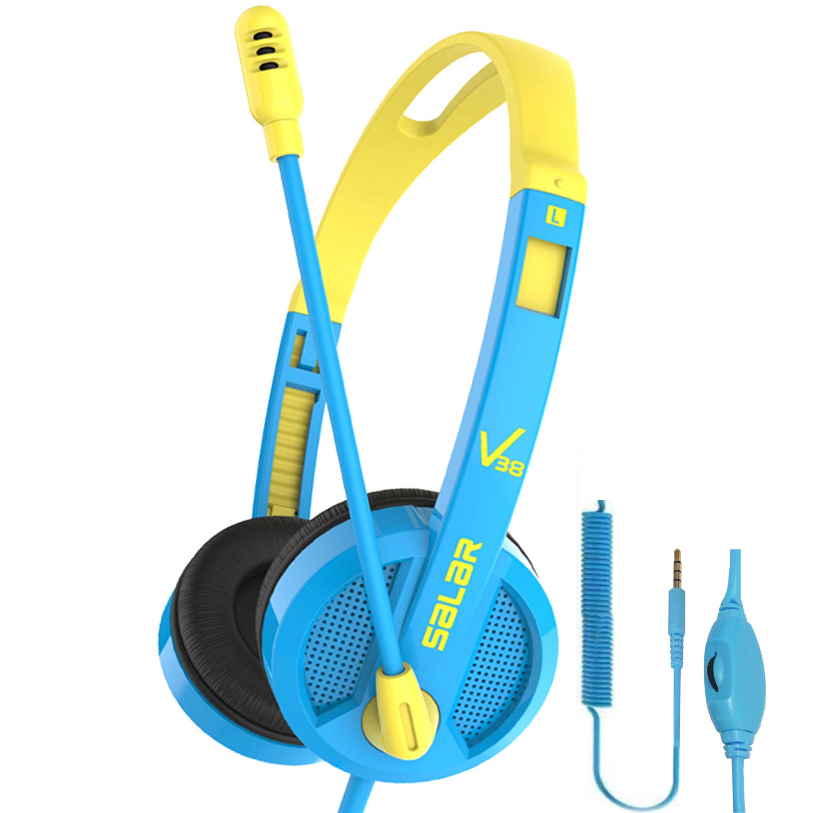 Kids Wired Headphones with Microphone - Adjustable Volume Limit & Noise Reduction Over-Ear Headset for Boys & Girls (Blue) | 3.5mm Jack for School, Laptop, PC, Travel & Home Use