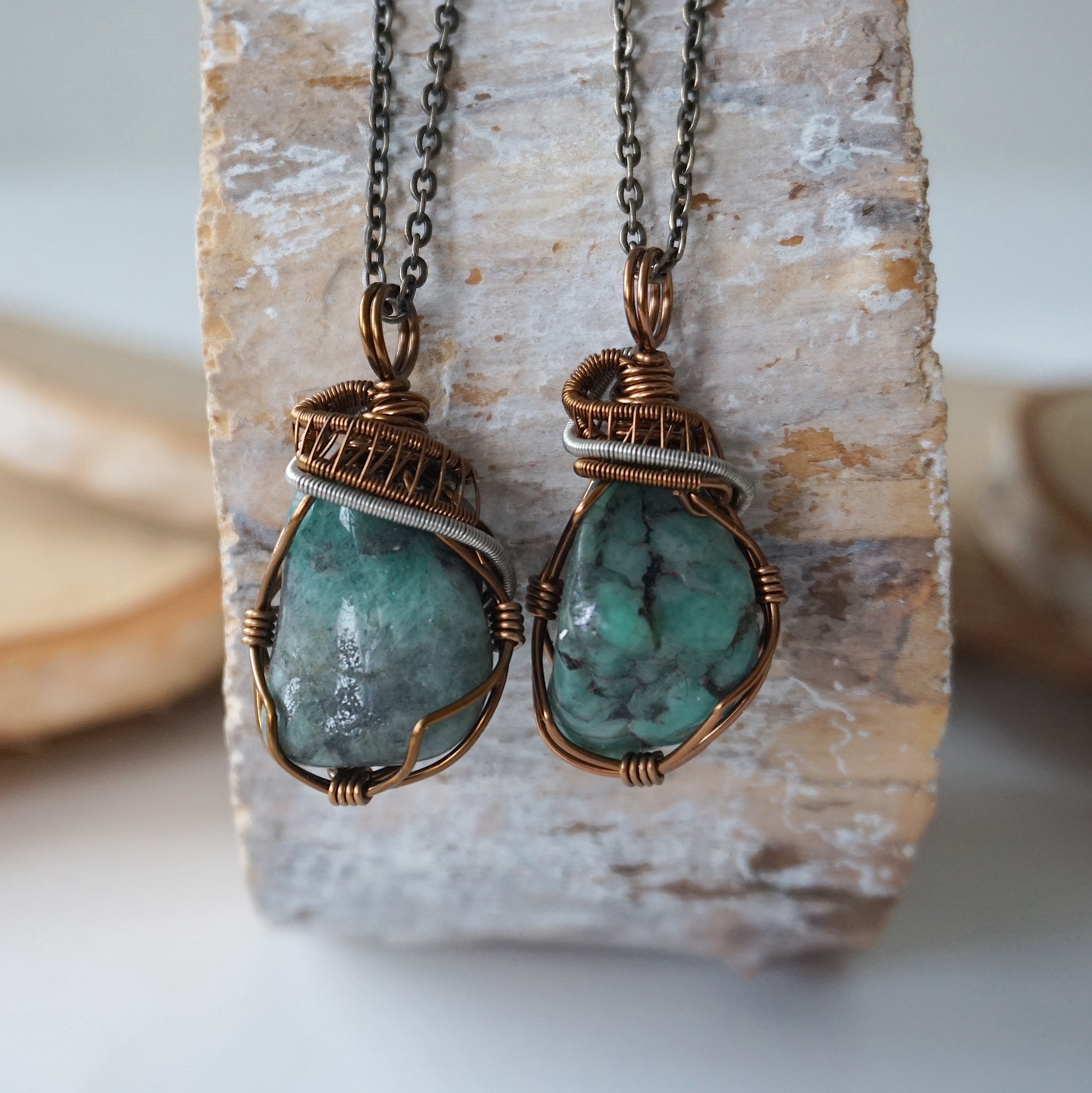 Natural Raw Emerald Crystal Necklace with Sterling Silver & Bronze Wire Wrapping - Healing Stone Jewelry for Meditation, Energy Cleansing & Spiritual Gifts