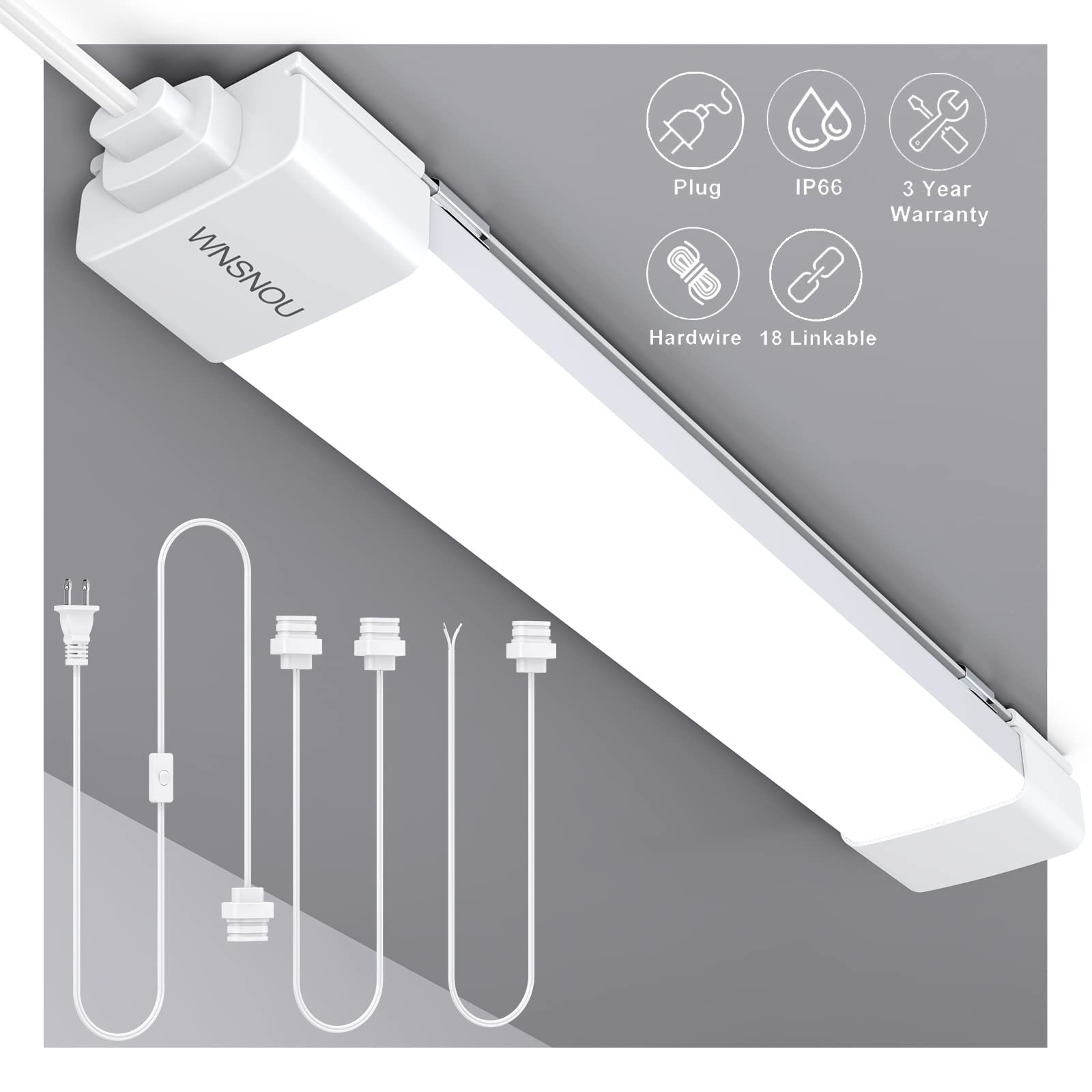 WNSNOU 16W 1.4FT LED Shop Light with Plug - 1700LM 5000K Bright White, IP66 Waterproof Linkable Tube Light for Workshop, Garage, Closet & Cabinet - Easy NO/Off Switch Installation for Ceiling & Utility Lighting