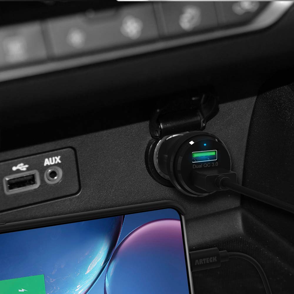 Arteck 40W Dual USB Car Charger with Quick Charge 3.0 - Fast Charging Adapter for iPhone 14/13/12/11 Series, iPad, Samsung Galaxy Note & More - Perfect for Road Trips & Daily Commutes
