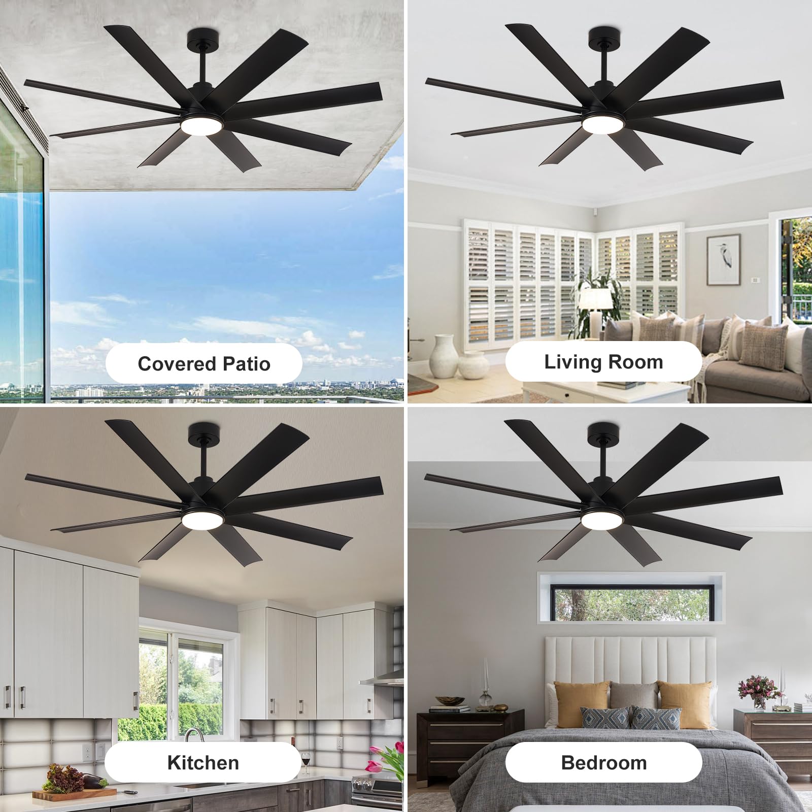 Depuley 60 Inch Black Ceiling Fan with Lights and Remote Control - 3 Color Temperature Dimmable LED, 8 Blades, 5-Speed Reversible DC Motor - Perfect for Office, Living Room, Bedroom and Covered Patios