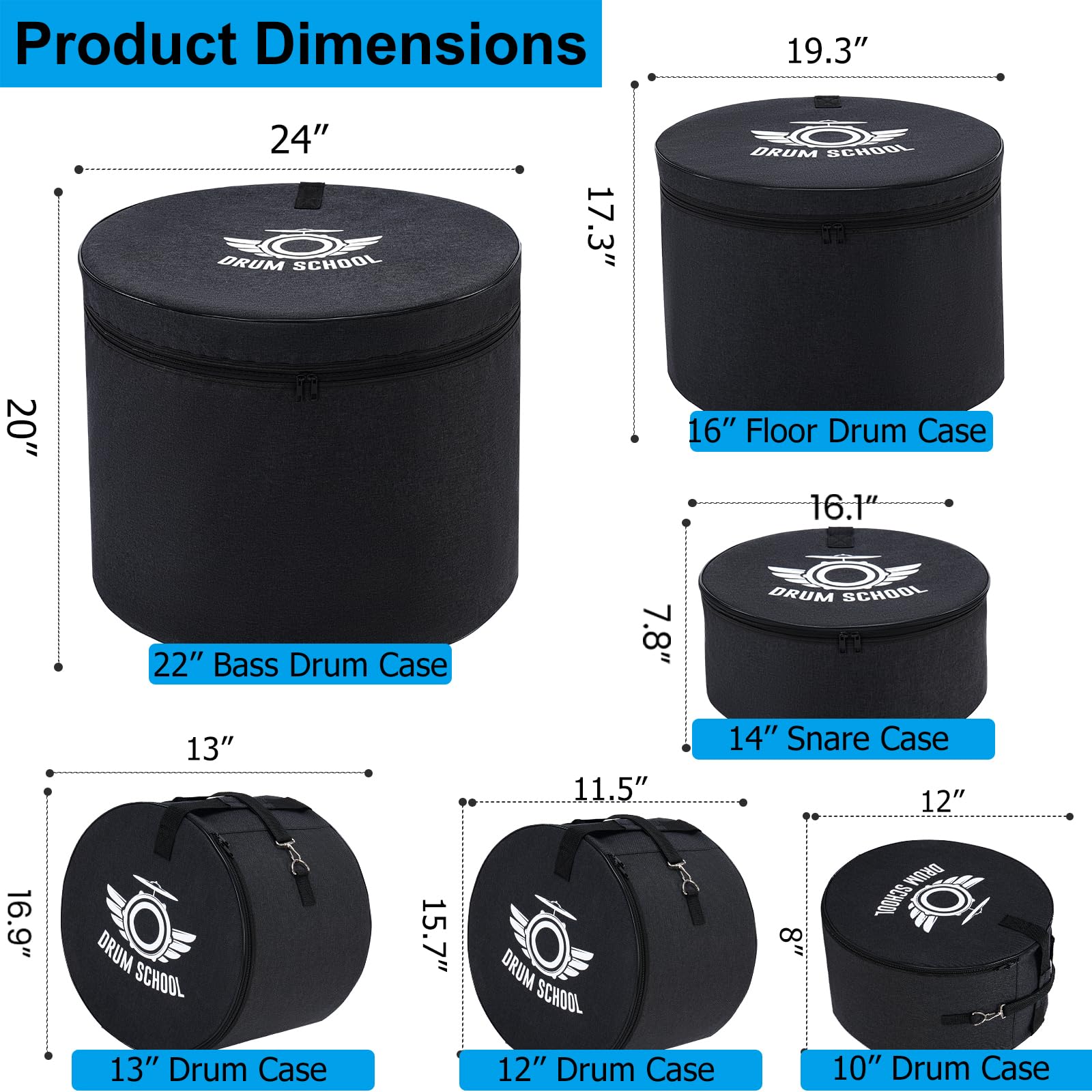 6-Piece Drum Bags Set - Padded Soft Carrying Cases for 10