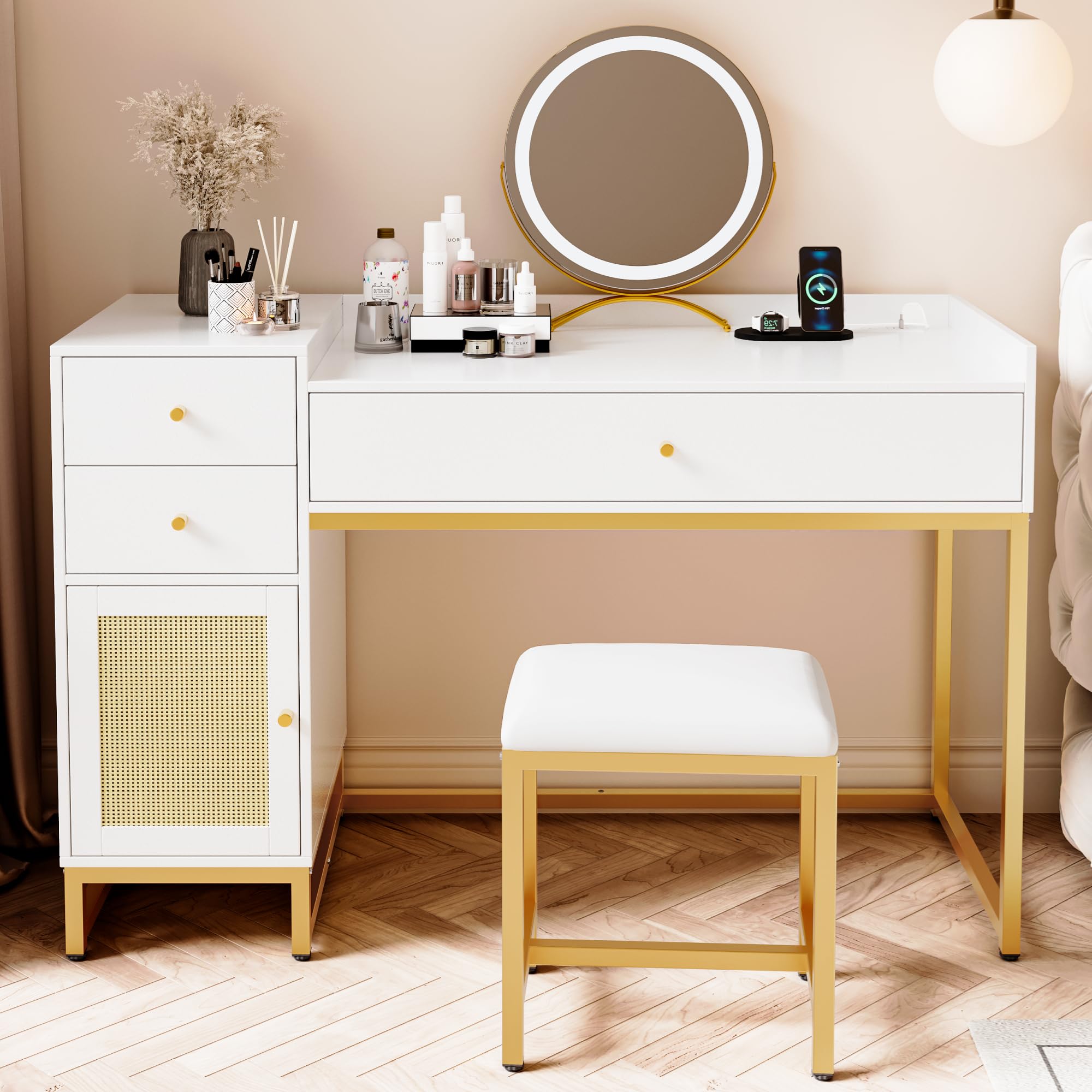 White Makeup Vanity Desk with Stools & Power Outlet - Rattan Dressing Table Set with Drawers & Storage Cabinet - Small Bedroom Vanity Table for Women - Perfect for Cosmetics Organization & Home Decor