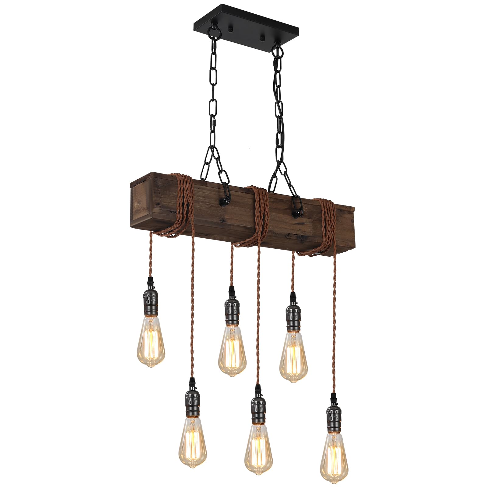 KEESFU 6-Light Farmhouse Wooden Chandelier - Adjustable Rustic Ceiling Pendant Light for Kitchen Island, Dining Room, Bar, Pool Table & Cabin - Perfect for Country Style Home Decor