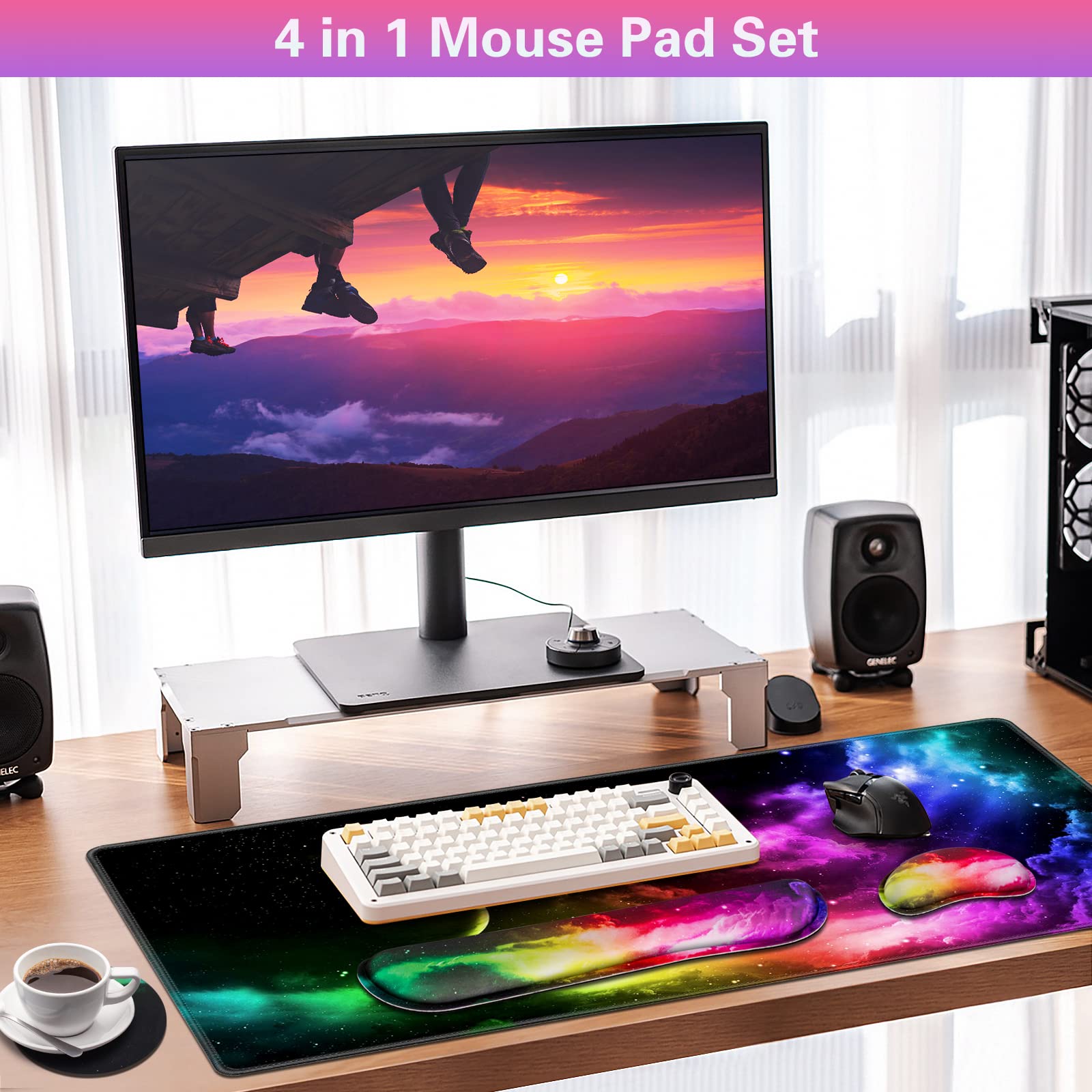 Canjoy 4-in-1 XXL Gaming Mouse Pad Set (35.4×15.7 in) - Extended Non-Slip Desk Mat with Memory Foam Wrist Rest & Coaster for PC, Laptop, Gaming Setup - Perfect for Home Office, Workstation & Esports