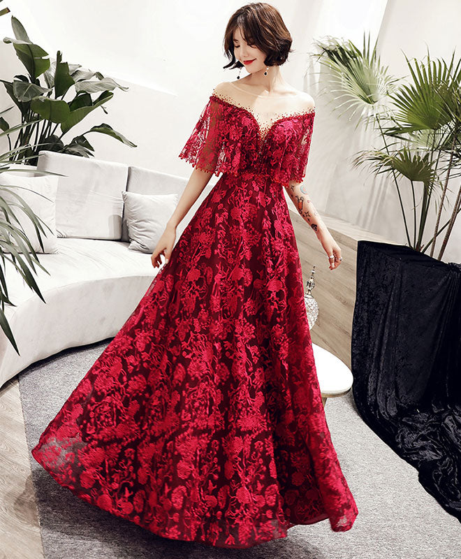 Elegant Burgundy Tulle Lace Long Prom Dress & Evening Gown - Formal Gala, Homecoming, Wedding Guest Dress for Special Occasions