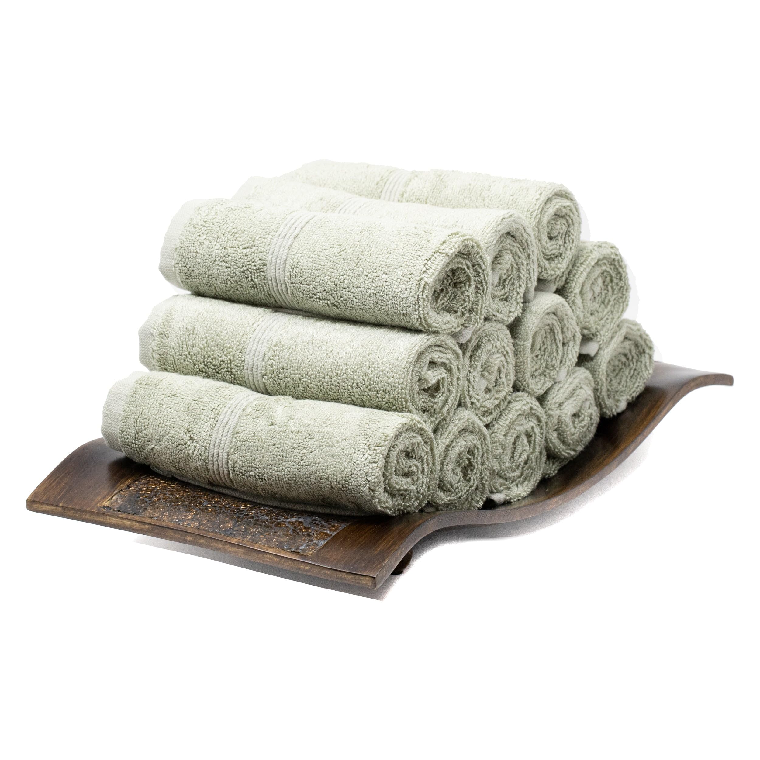 Mosobam Luxury Turkish Towels Set of 12 - 13x13 Inch Seagrass Green Washcloths | 700 GSM Bamboo Viscose & Aegean Turkish Combed Cotton | Soft & Absorbent for Spa, Beach, Gym & Home Use