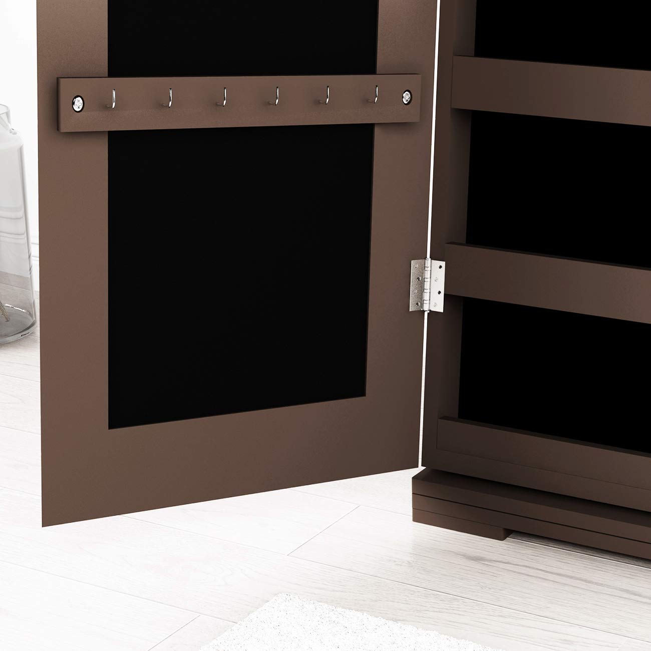 SogesGame 63x15 Inch Full Length Mirror Jewelry Cabinet with Lockable Storage - Wall/Door Mount Jewelry Armoire Organizer for Women - Brown - Perfect for Bedroom, Closet & Dressing Room Organization