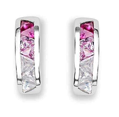 Pink Sapphire and White CZ J-Hoop Earrings - Rhodium Plated Sterling Silver Jewelry for Women | Elegant Gift for Birthday, Anniversary & Special Occasions