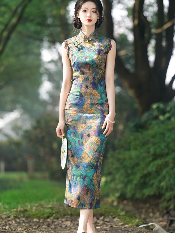 Elegant Green Floral Print Qipao Dress - Vintage Chinese Cheongsam for Women | Perfect for Weddings, Parties & Special Occasions