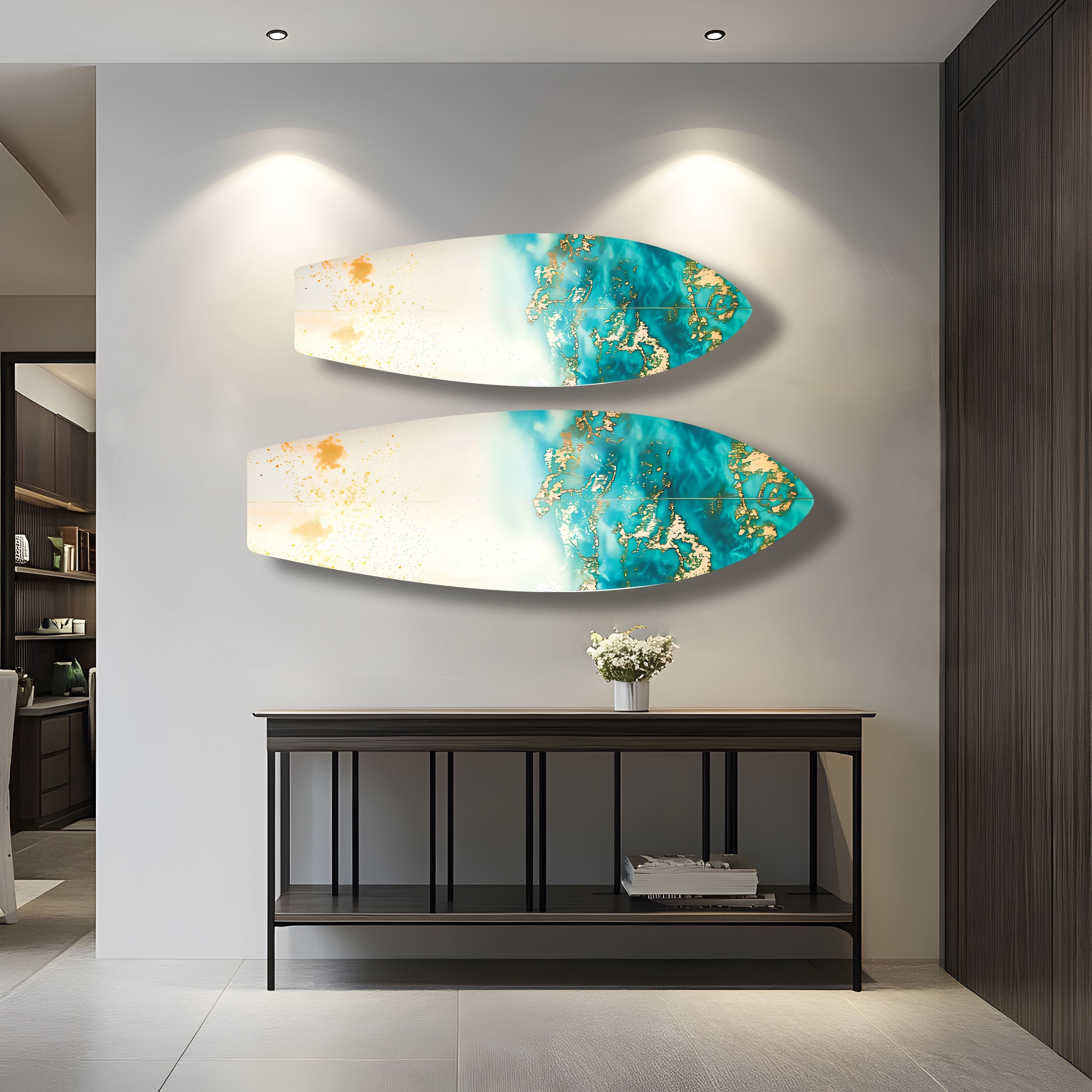 Blue Abstract Golden Details Surfboard Wall Art - Coastal Decor for Beach House, Living Room & Bedroom - Perfect Surfing Theme Home Decoration