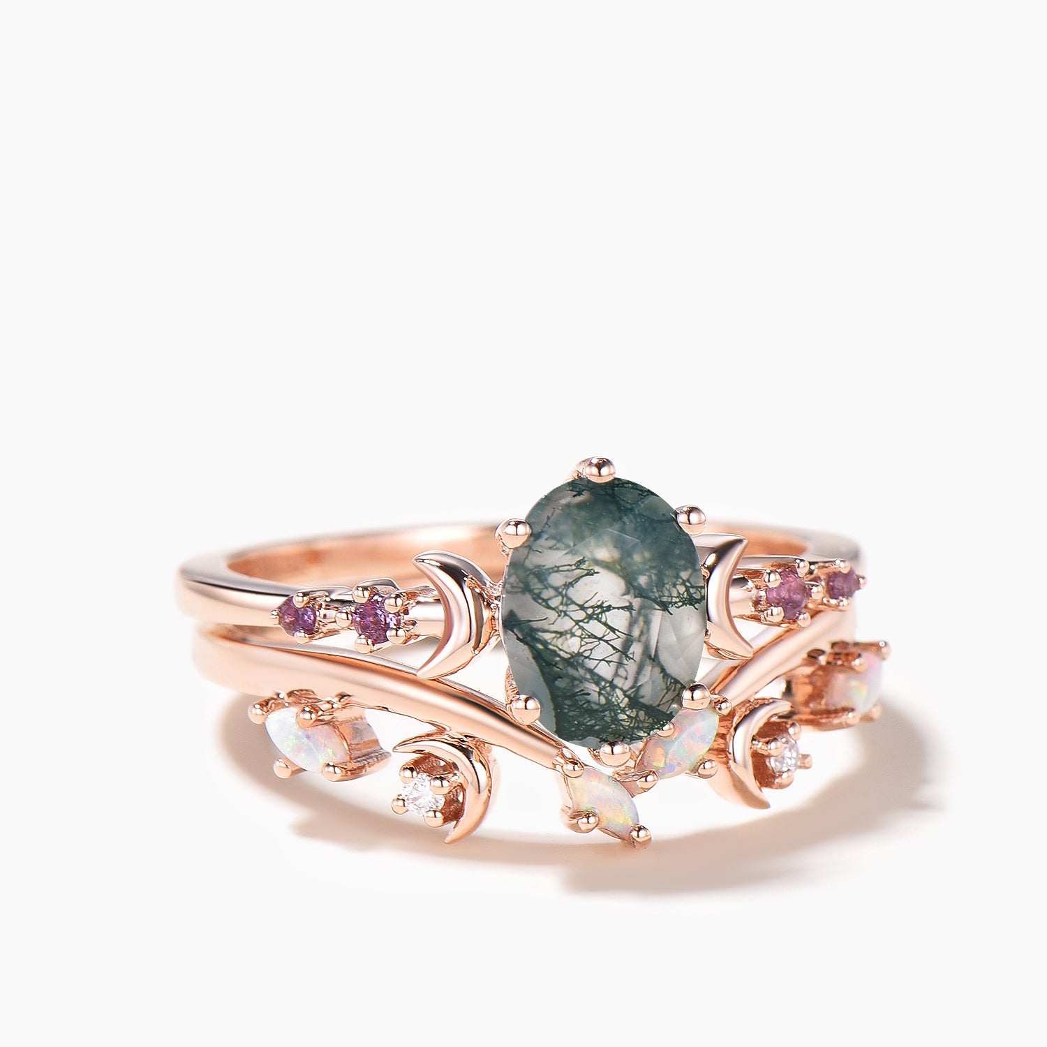 Natural Moss Agate & Amethyst Oval Cut Crescent Moon Ring for Women - Elegant Bridal Jewelry, Wedding Band, Boho Engagement Ring, Spiritual Gift for Her
