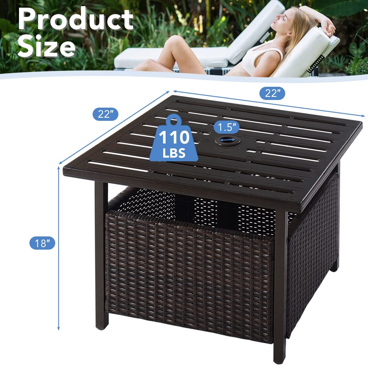 Outdoor Bistro Table - Rattan Wicker & Steel Side Deck Dining Table with Umbrella Hole - Perfect for Patio, Garden, and Poolside Dining