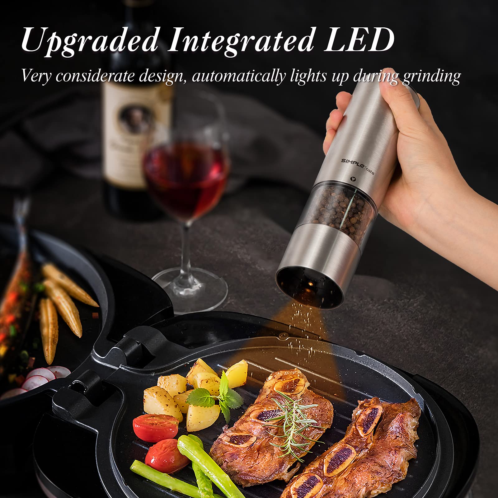 SIMPLETASTE Electric Salt and Pepper Grinder Set - Automatic One-Handed Operation, LED Light & Adjustable Coarseness, Battery-Powered Stainless Steel Mill - Perfect for Kitchen, Dining Table & Outdoor Cooking