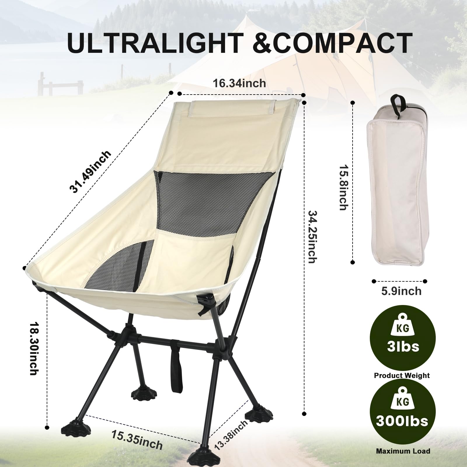 Ultralight High-Back Camping Chair - Portable Folding Backpacking Chair with Cup Holder & Storage Pouch, Supports 300 lbs - Compact Durable Outdoor Chair for Hiking, Camping, Beach, Picnic, Backyard, Fishing & Reading - White