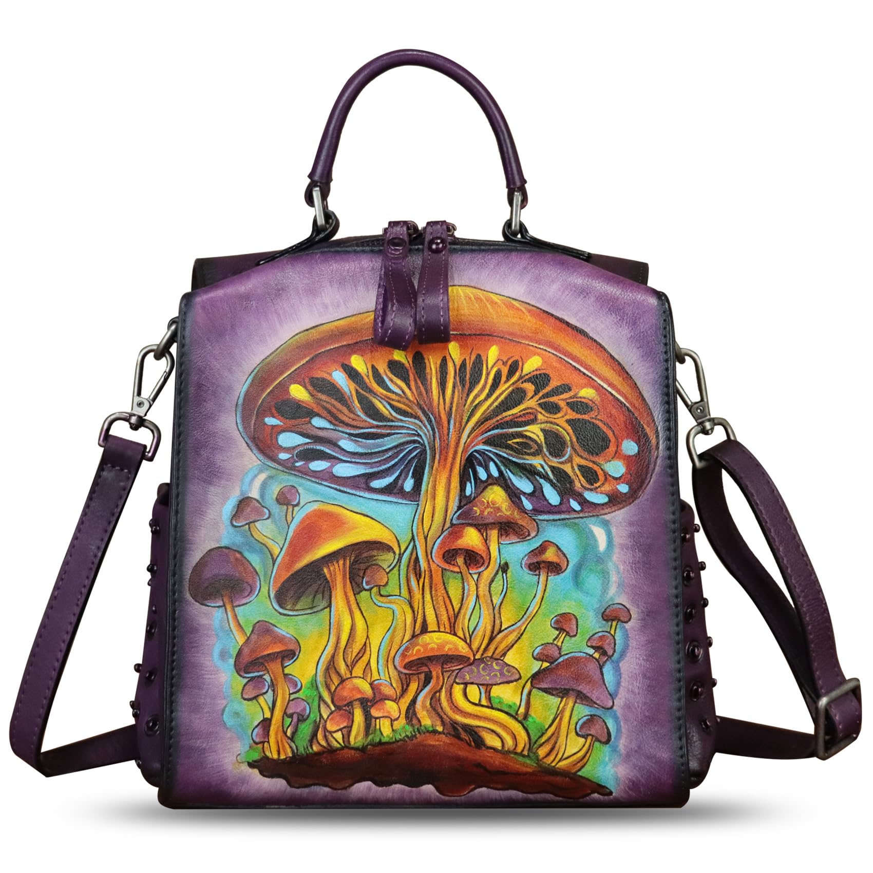 Handmade Genuine Leather Satchel for Women - Crossbody Purse, Top Handle Bag & Convertible Backpack - Unique Hand-Painted Design - Perfect for Work, Travel & Everyday Use
