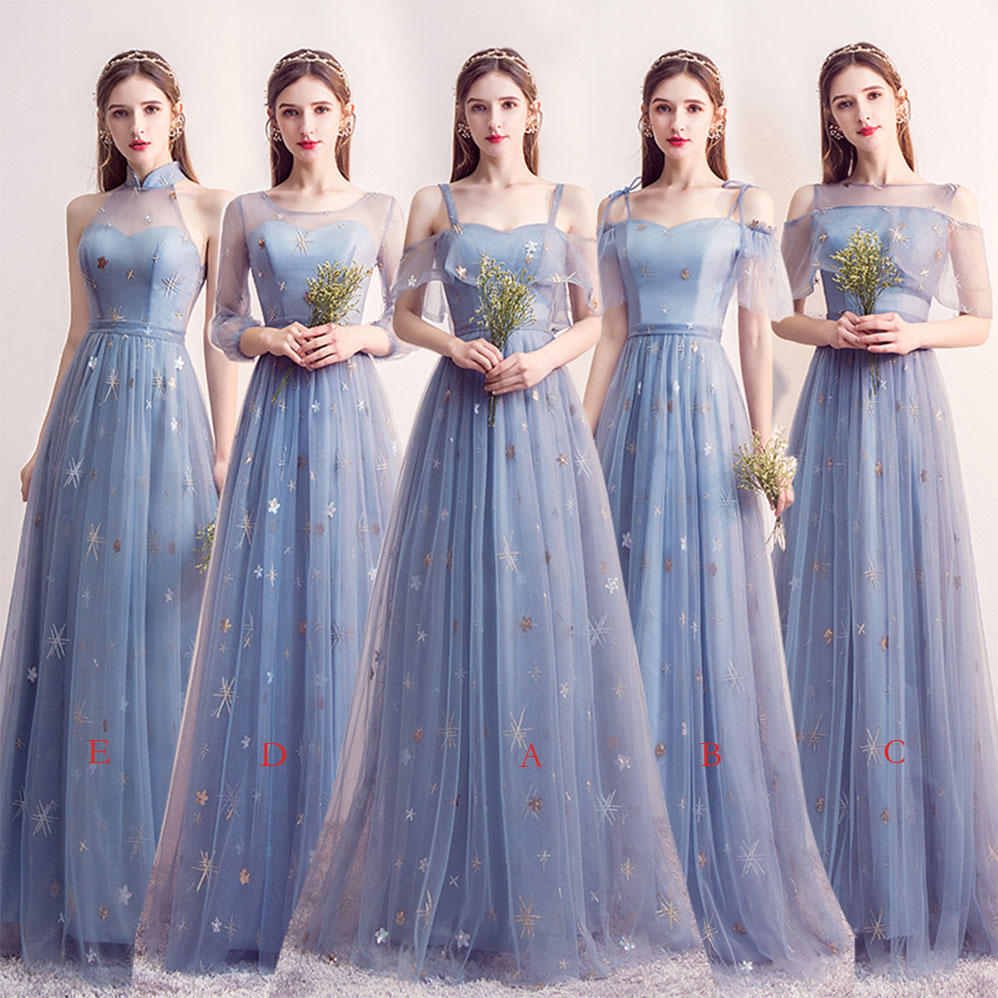 Elegant Blue Tulle Long Prom Dress & A-Line Bridesmaid Gown - Perfect for Formal Dances, Weddings, and Special Occasions