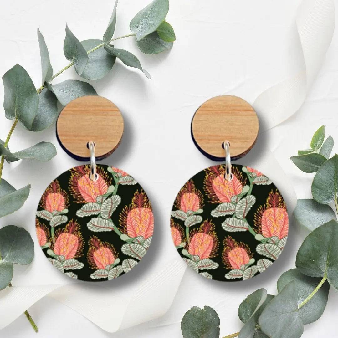 Handmade Coral Banksia Flower Wooden Earrings for Women - Boho Chic Dangle Earrings - Lightweight & Hypoallergenic - Perfect for Festivals, Weddings & Everyday Wear