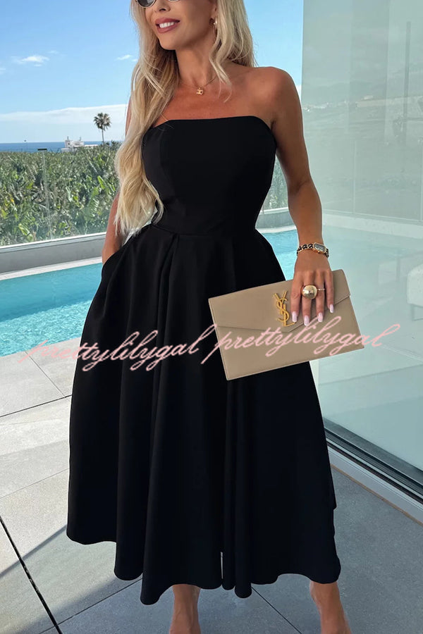 Elegant Solid Color Off Shoulder Pocket Midi Dress for Women - Summer Casual, Beach Vacation, Date Night Outfit