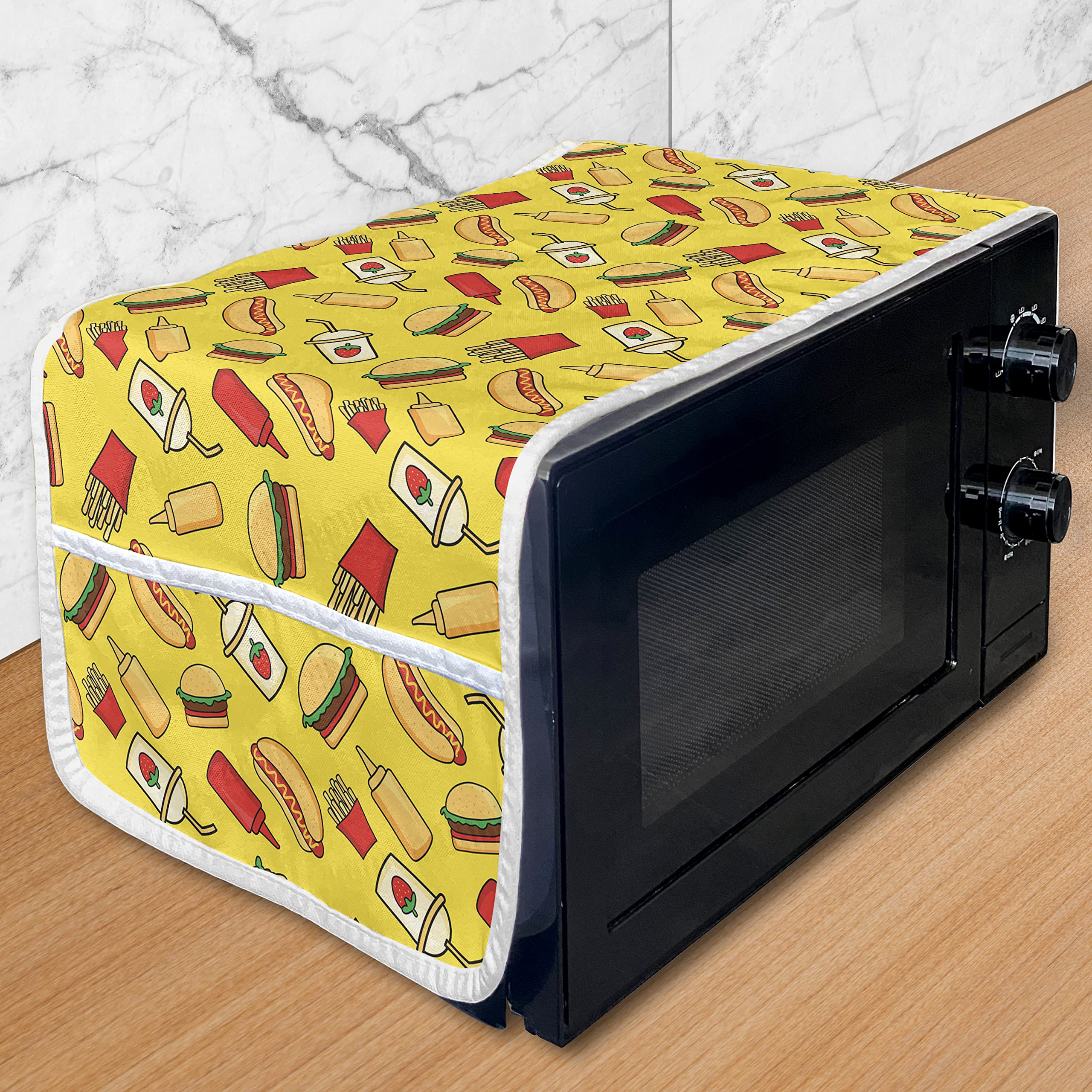 Ambesonne Microwave Cover - Funny Cartoon Fast Food Design with Fries, Hot Dog, Hamburger & Milkshake - Waterproof Kitchen Organizer with Pockets (36x12 Inch, Yellow Multicolor) - Perfect for Microwave Protection & Kitchen Decor