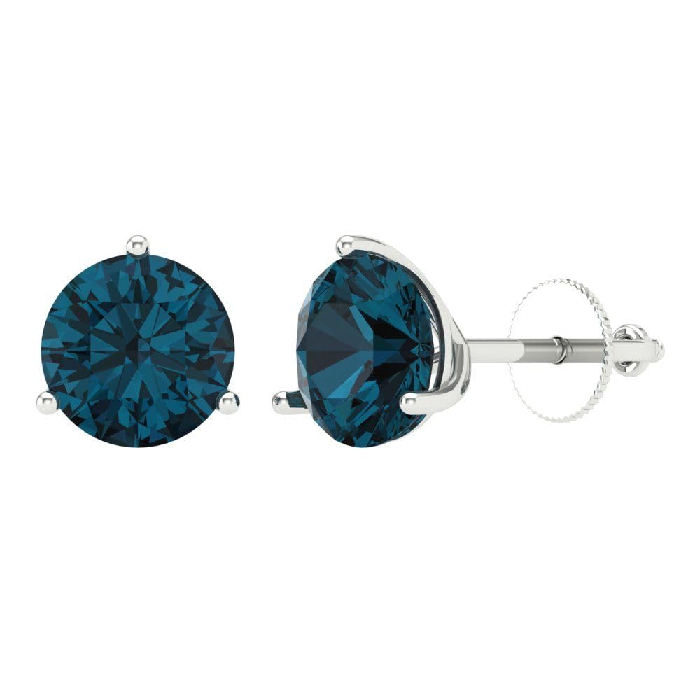 4.0 Carat Round Cut Genuine Natural London Blue Topaz Stud Earrings in 18K White Gold with Screw Back - Perfect for Weddings, Anniversaries & Special Occasions