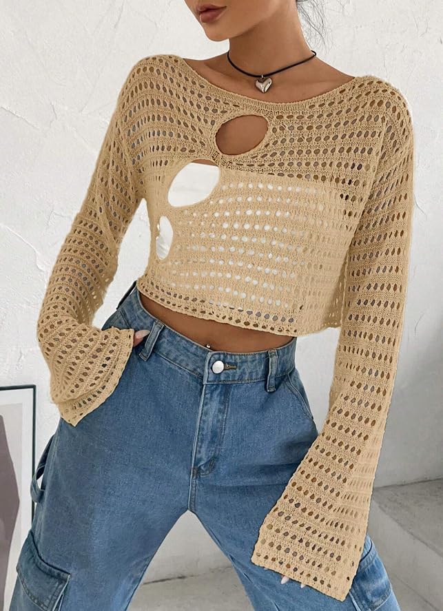 2025 Women's Crochet Knit Hollow Out Sweater - Long Sleeve Summer Cover Up Cropped Top for Beach, Vacation & Casual Outfits