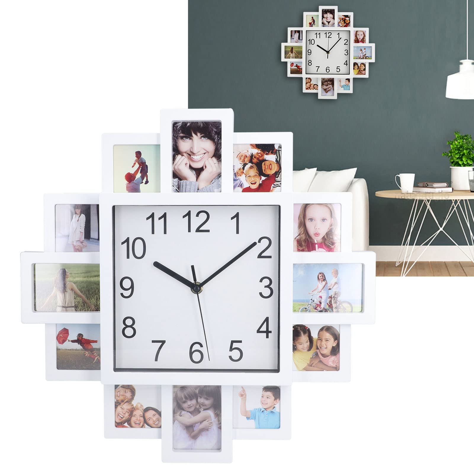 EBTOOLS 15.35 Inch White Photo Frame Wall Clock - DIY Customizable Multi Photo Clock for Home Decor | Perfect for Living Room, Bedroom & Office Wall Decor | Create Personalized Memories with Family Photos
