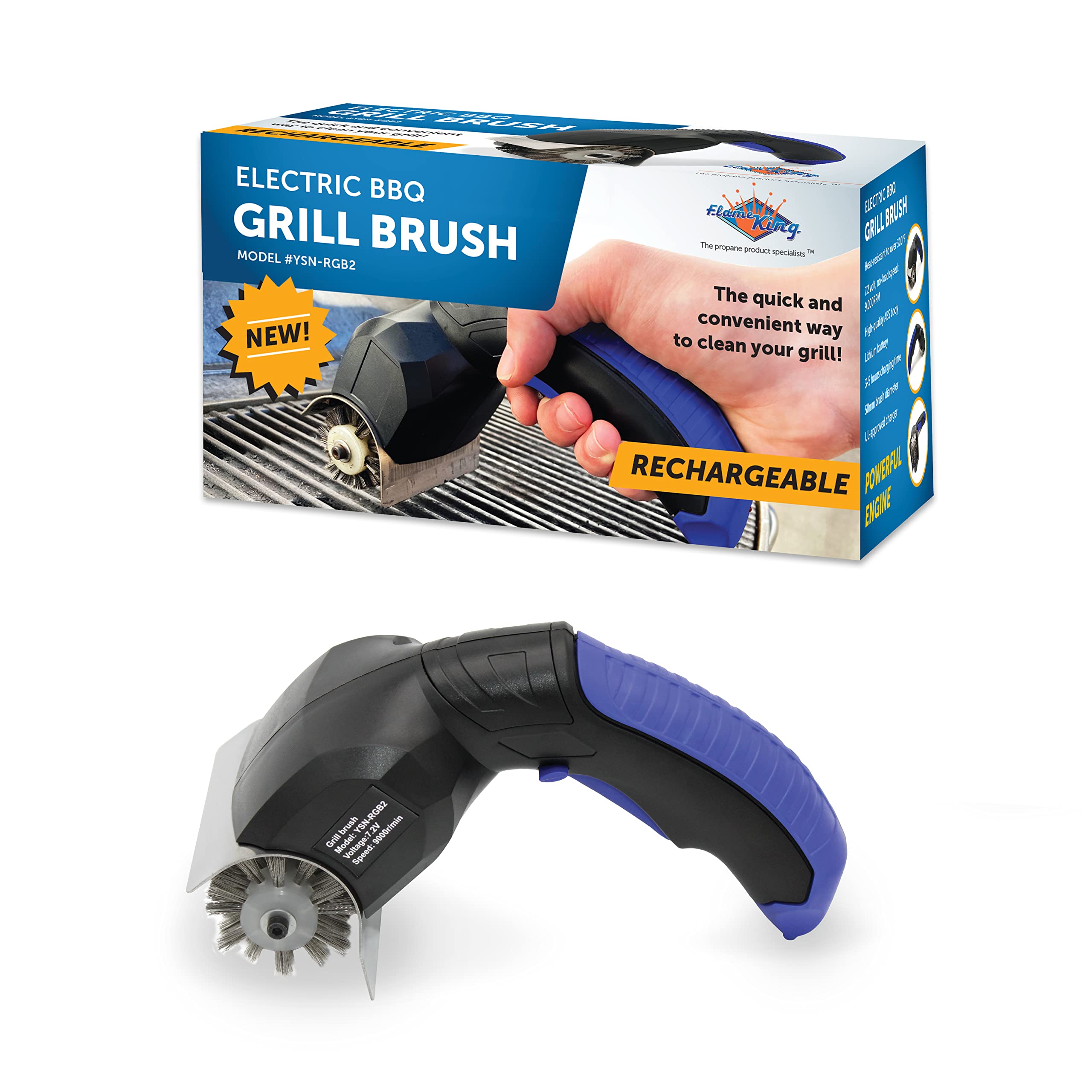 Flame King Electric BBQ Grill Brush - Cordless & Rechargeable with Stainless Steel Bristles - Black - Perfect for Outdoor Grilling, Camping, and Backyard BBQ Parties