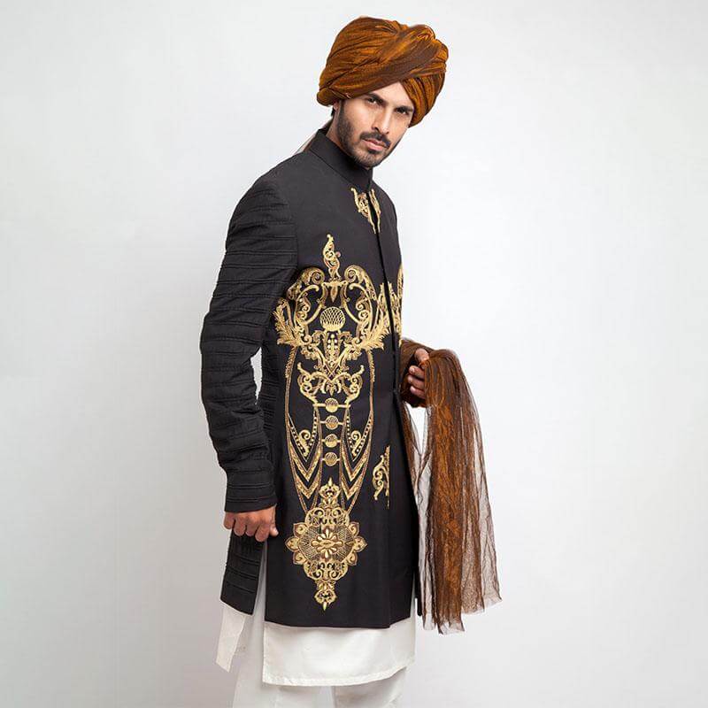 Black Slim Fit Short Sherwani for Men - Elegant Traditional Indian Wedding Outfit for Groom, Festivals & Special Occasions