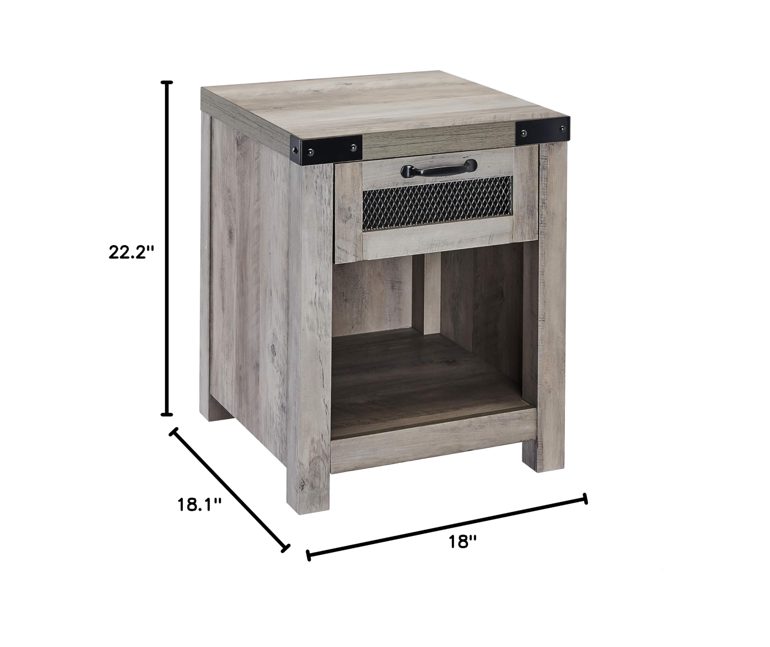 Industrial Style End Table with Drawer - Grey Wash Finish for Living Room, Bedroom, or Office Decor