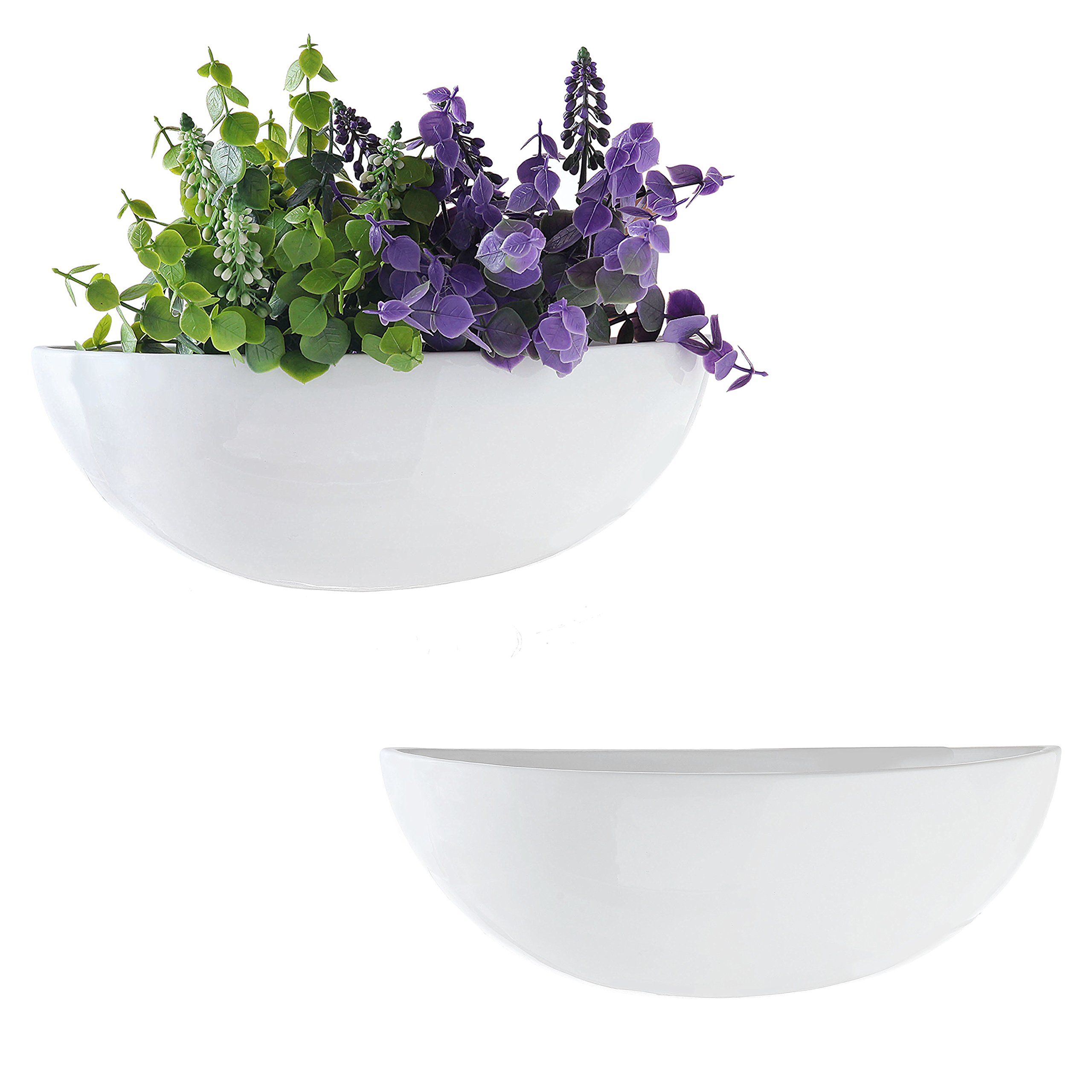 MyGift Set of 2 White Ceramic Hanging Wall Planters - Indoor Succulent & Herb Planters with Half Bowl Design | Perfect for Kitchen, Bathroom Decor & Small Space Gardening