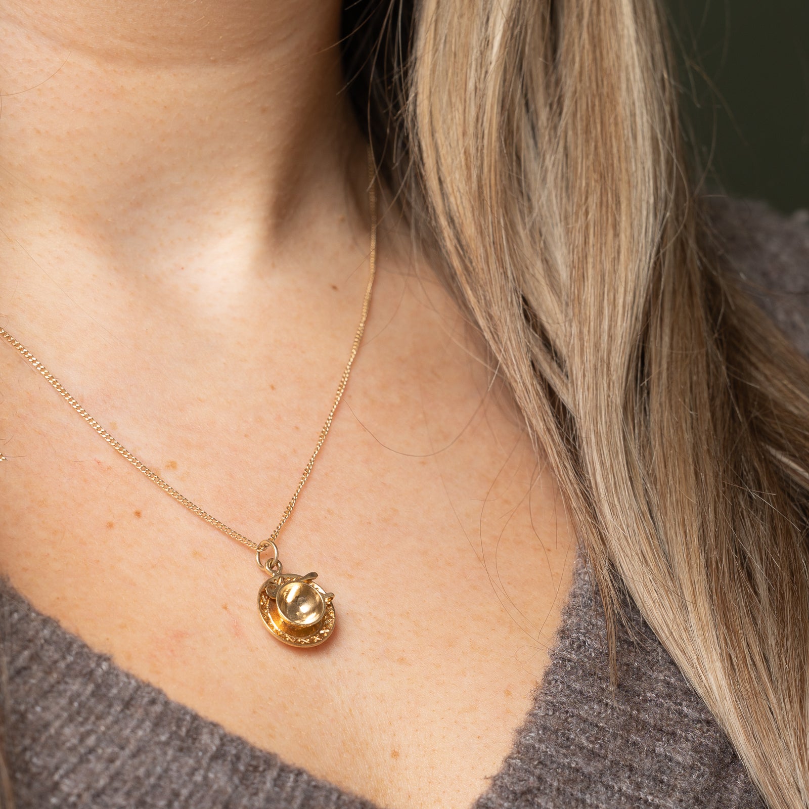 10K Yellow Gold Tea Cup and Saucer Charm Pendant - Elegant Jewelry for Tea Lovers, Perfect for Necklaces, Bracelets & Gifts