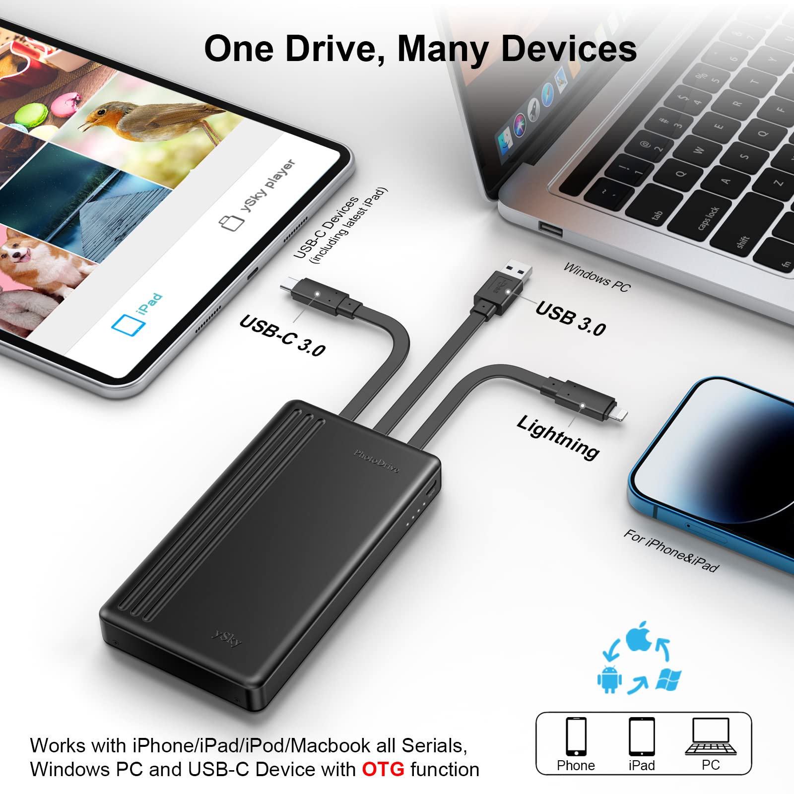 1TB MFi Certified Portable External Hard Drive for iPhone, iPad, MacBook - USB C & USB HDD Storage Device for iOS, Android & Windows PC - Perfect for Photo Backup, Memory Extension & Travel Data Storage