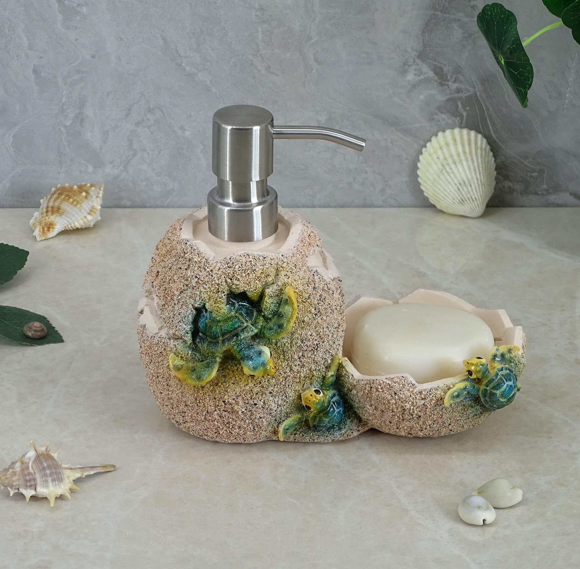 YHHRESINKING Sea Turtle Dish Soap Dispenser with Sponge Holder - Decorative Resin Baby Turtle Sink Organizer for Bathroom, Kitchen & Shower - Soap Tray & Sponge Storage Container (Blue) - Perfect for Beach House Decor & Coastal Themed Homes