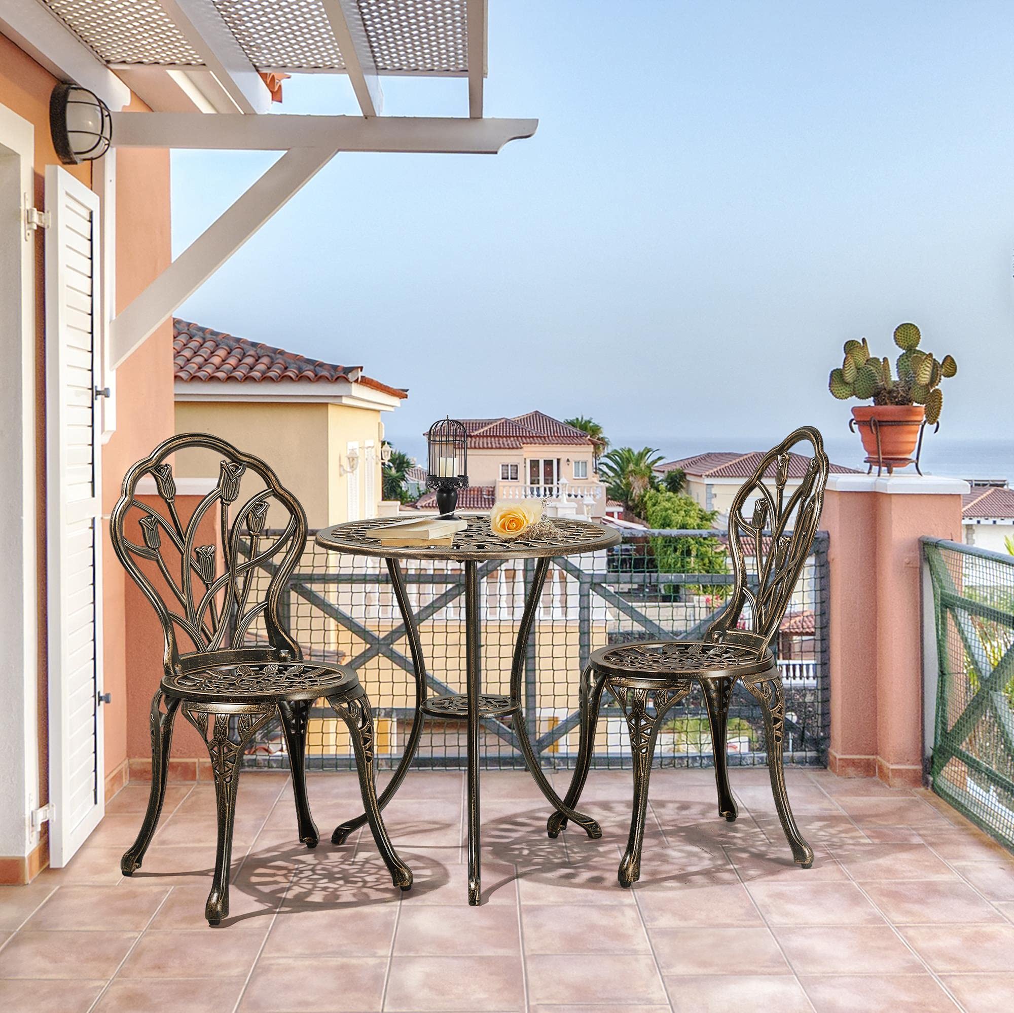 Topeakmart 3-Piece Outdoor Bistro Set - Lightweight Aluminum Patio Dining Table with 2 Chairs & Umbrella Hole - Bronze Garden Furniture for Balcony, Yard, Deck or Poolside Relaxation