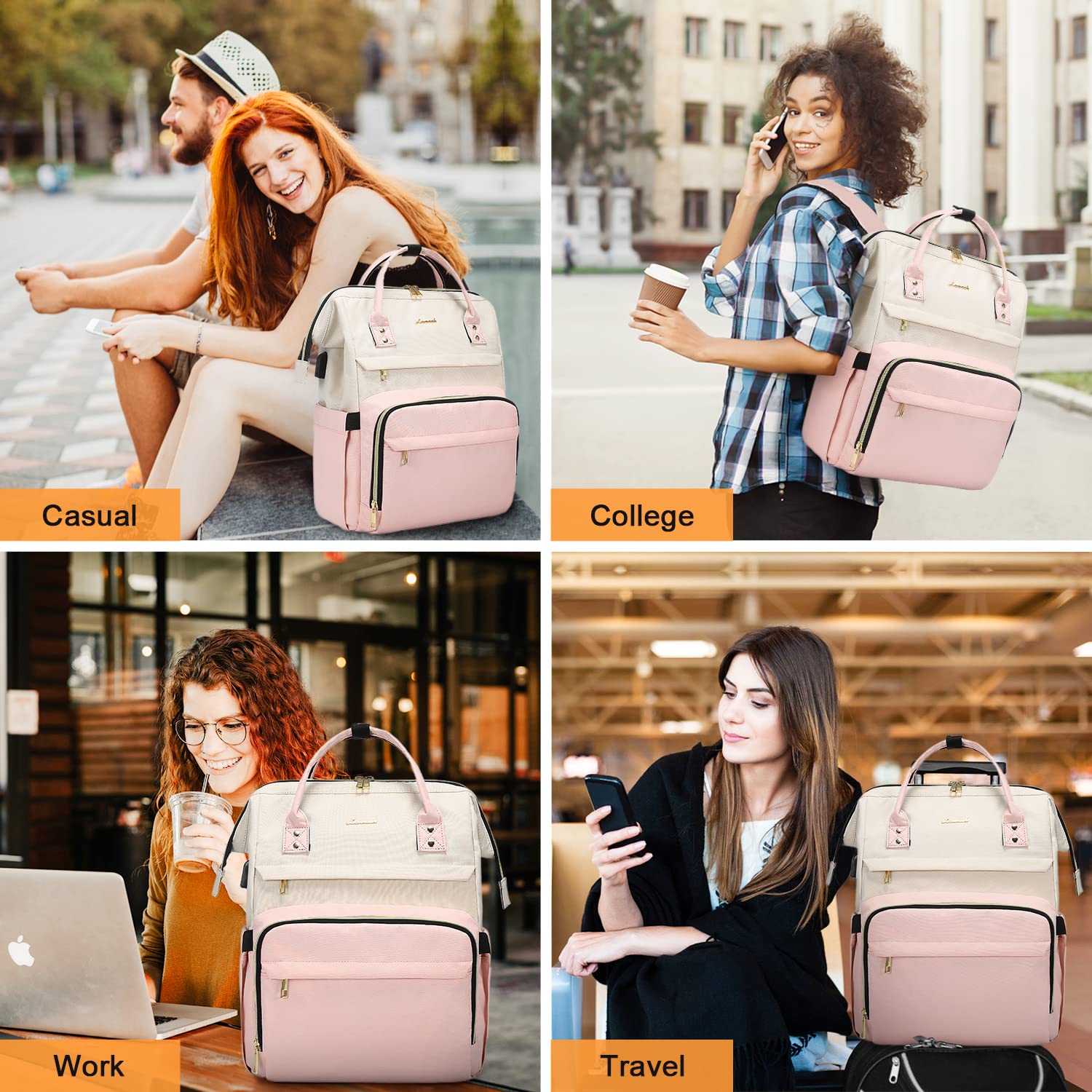 LOVEVOOK 17-inch Laptop Backpack for Women - Large Capacity Fashion Work Computer Bag, Travel & Business Backpack for Professionals, Nurse & Doctor Backpack (Beige-Pink) - Perfect for Office, School, Commuting & Travel
