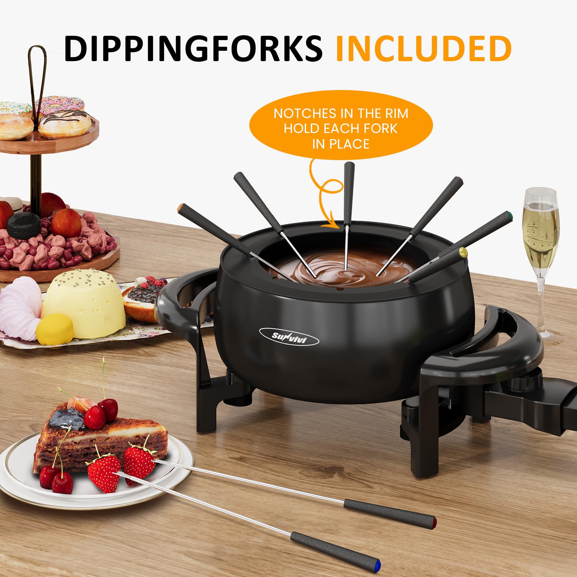 Sunvivi 3 Quart Electric Fondue Pot Set - Adjustable Temperature Control for Melting Chocolate, Cheese, Oil & Broth - 1000W Non-Stick Fondue Maker with 8 Color-Coded Forks - Perfect for Parties, Desserts & Family Gatherings